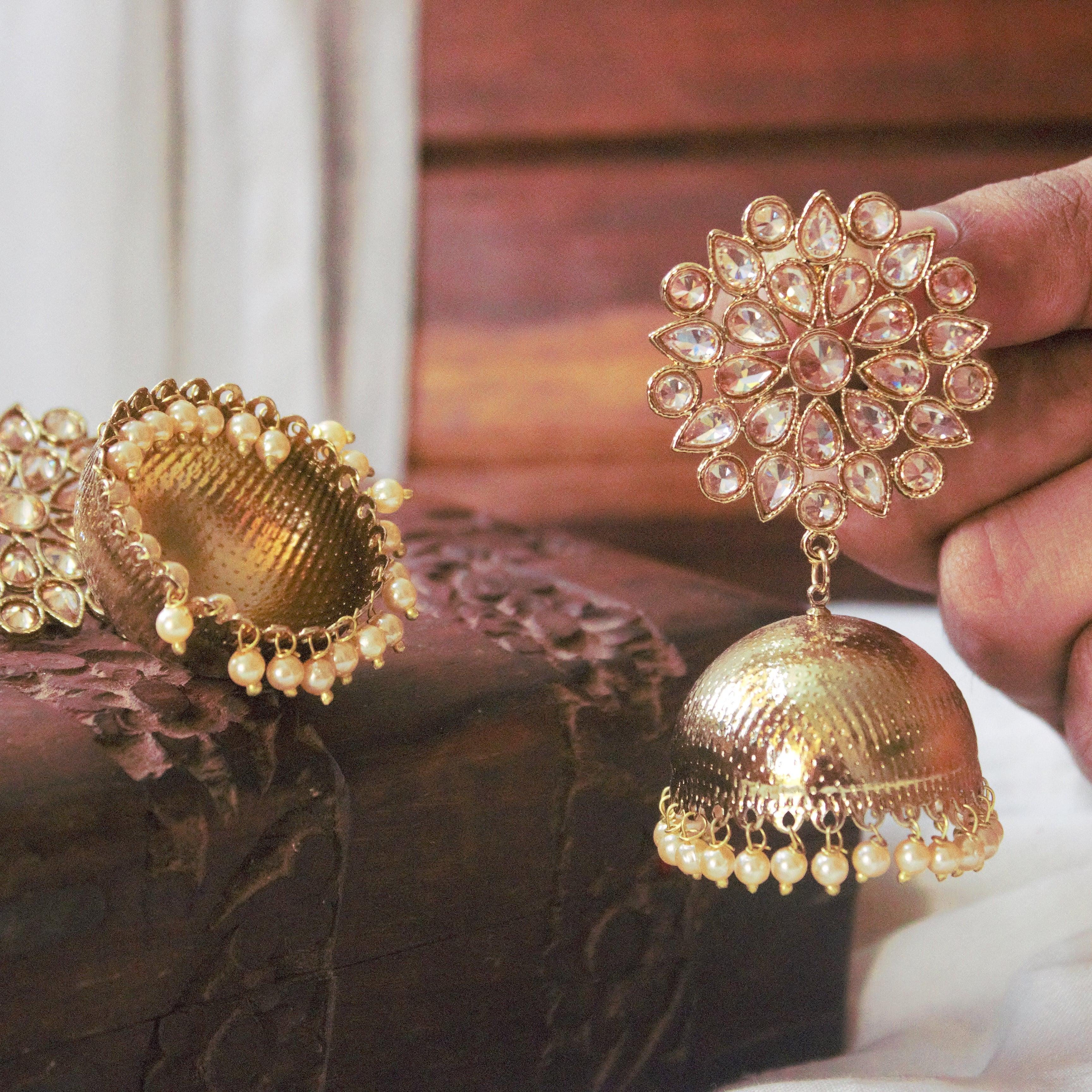 Festive Flower Long Polki Jhumkas - Gold