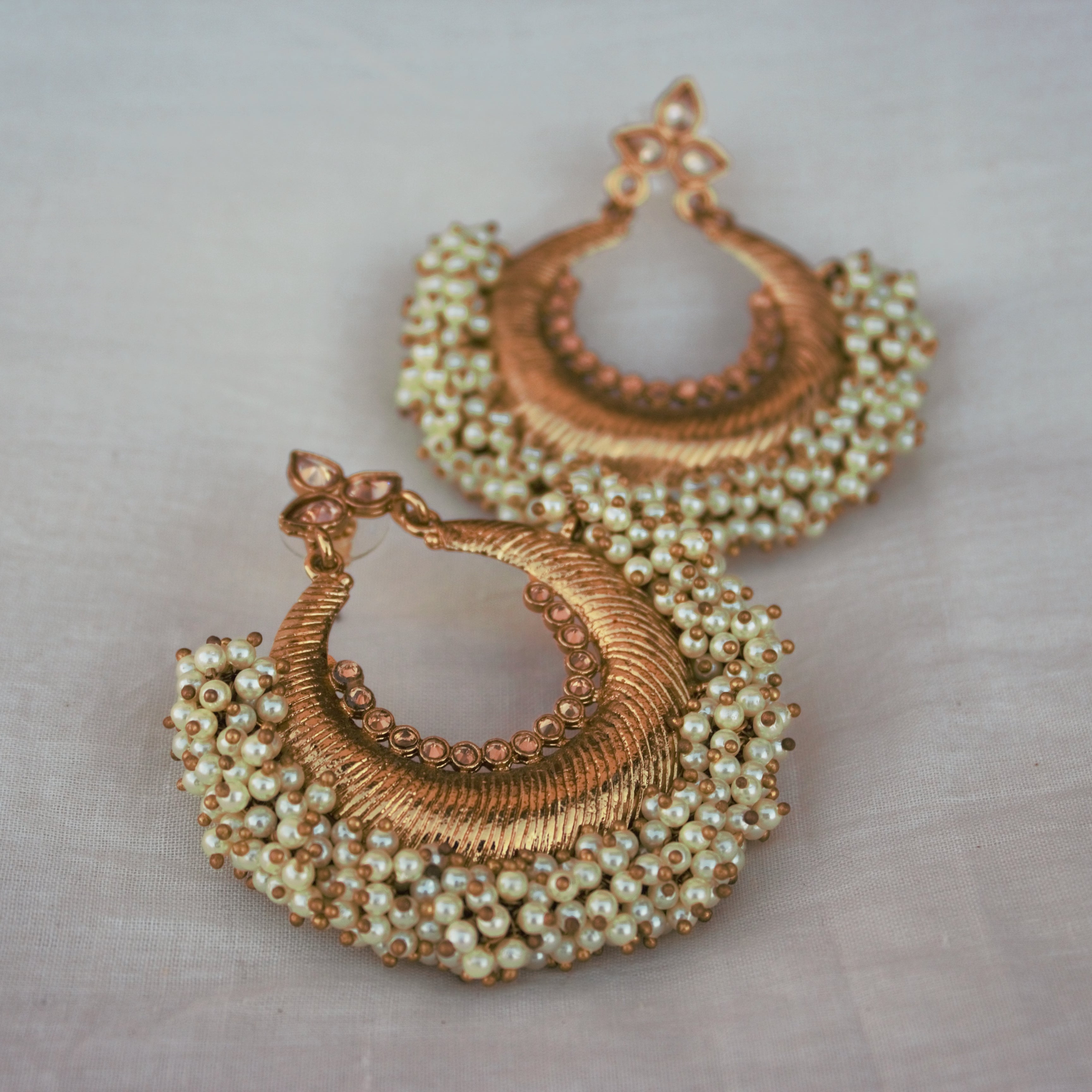 Pearl Bunch Chaandbali Polki Jhumkas