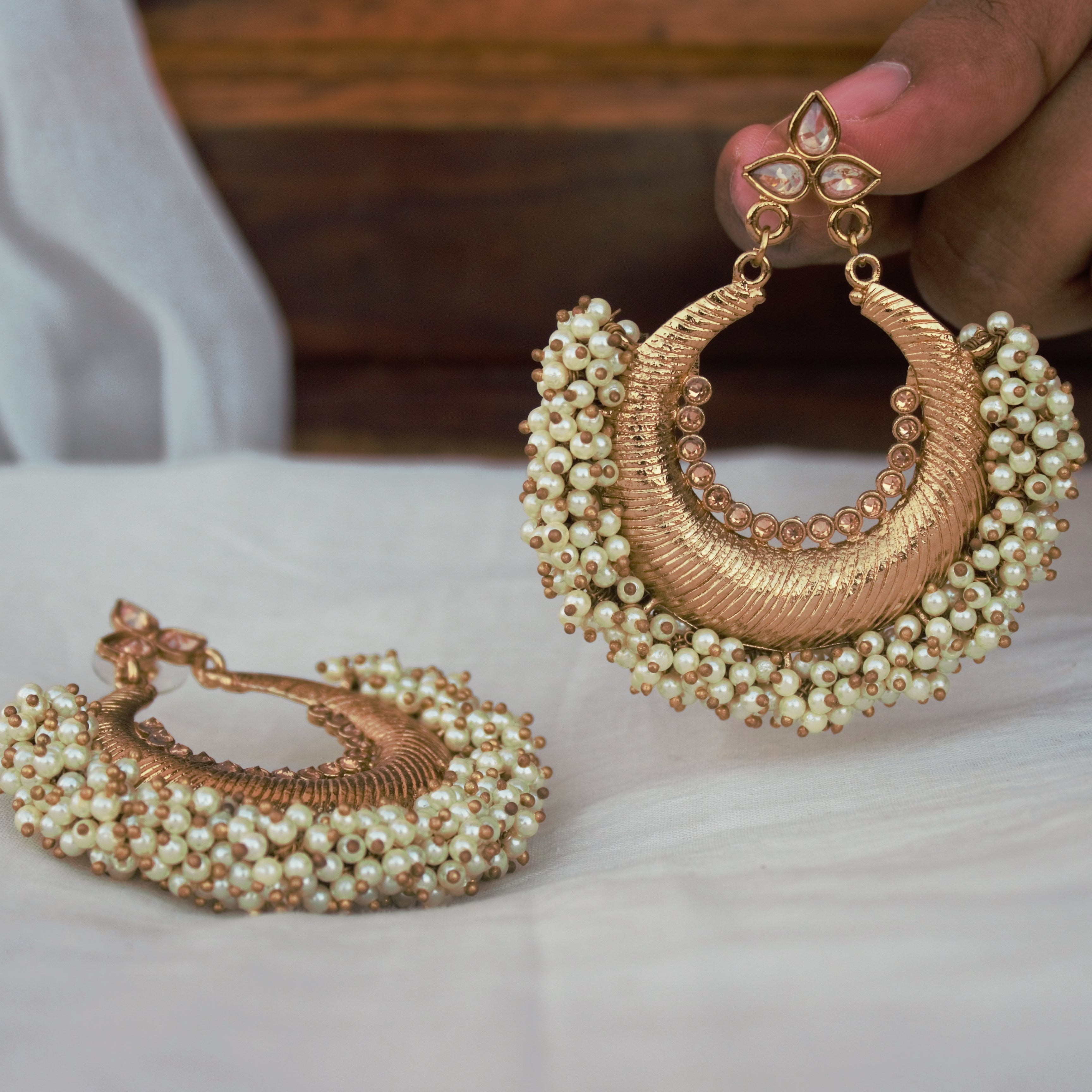 Pearl Bunch Chaandbali Polki Jhumkas