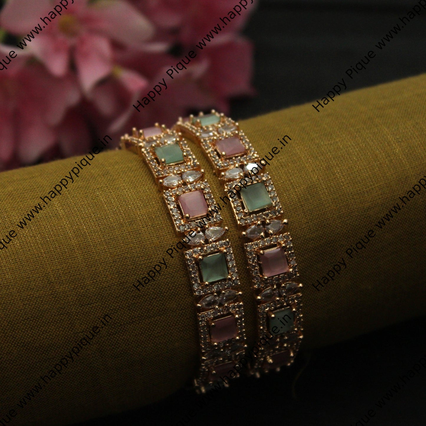 Two Colour Square Stone Rose Gold Plated Bangles - Size: 2.6