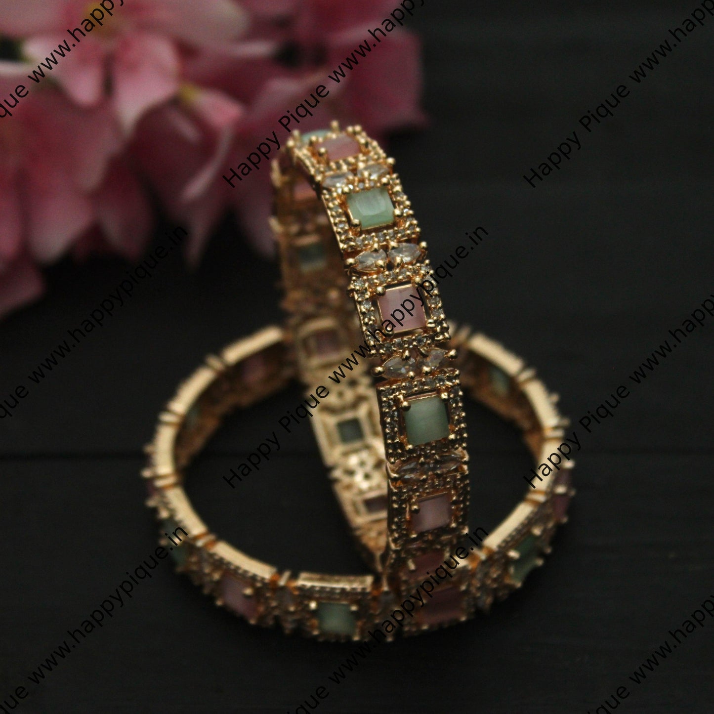 Two Colour Square Stone Rose Gold Plated Bangles - Size: 2.6