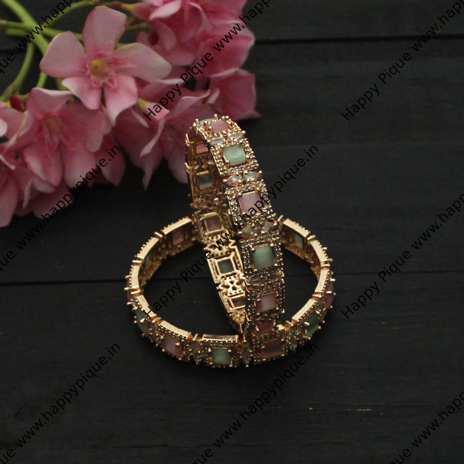 Two Colour Square Stone Rose Gold Plated Bangles - Size: 2.6