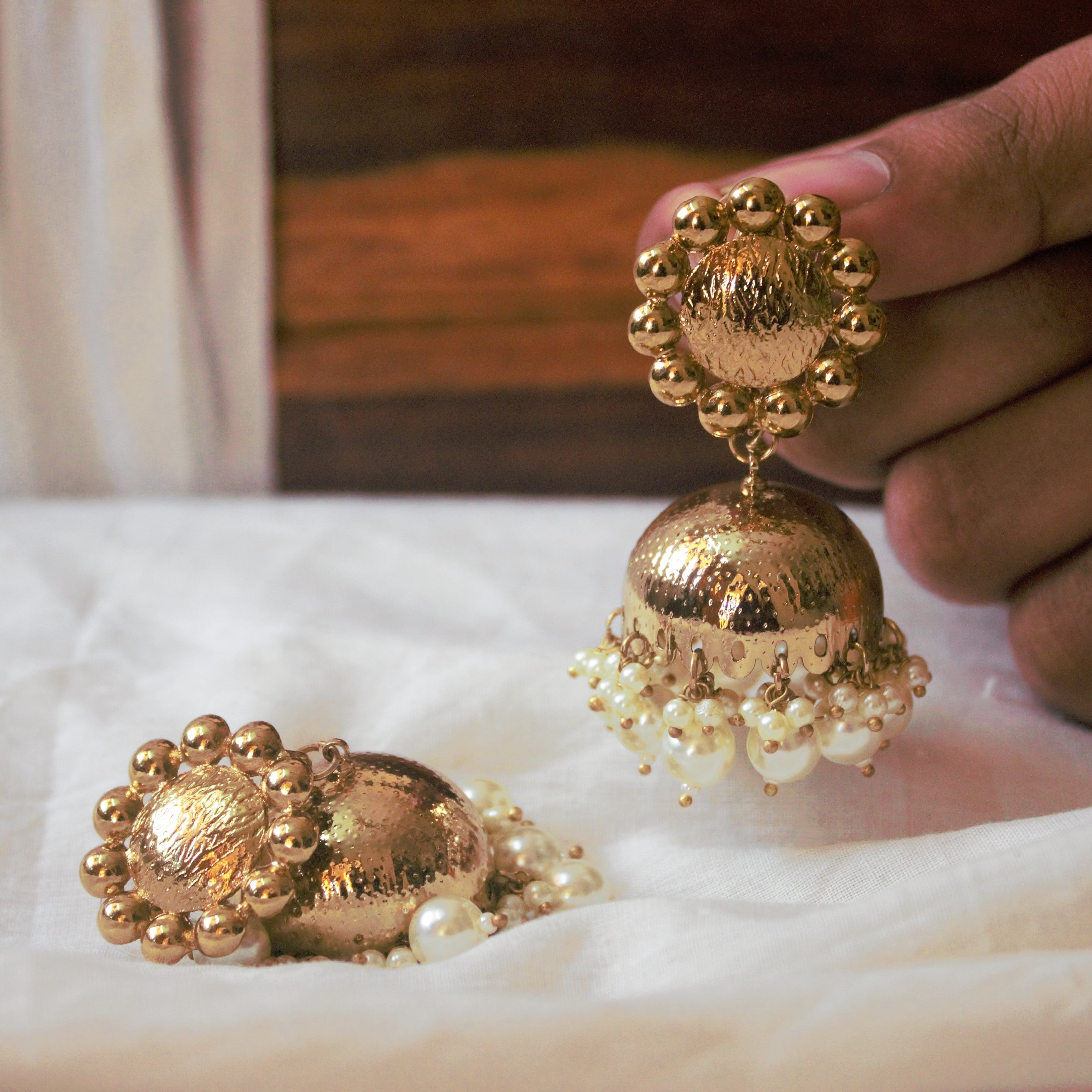 Plain Gold Top Bridal Festive Pearl Flower Jhumkas - Happy Pique