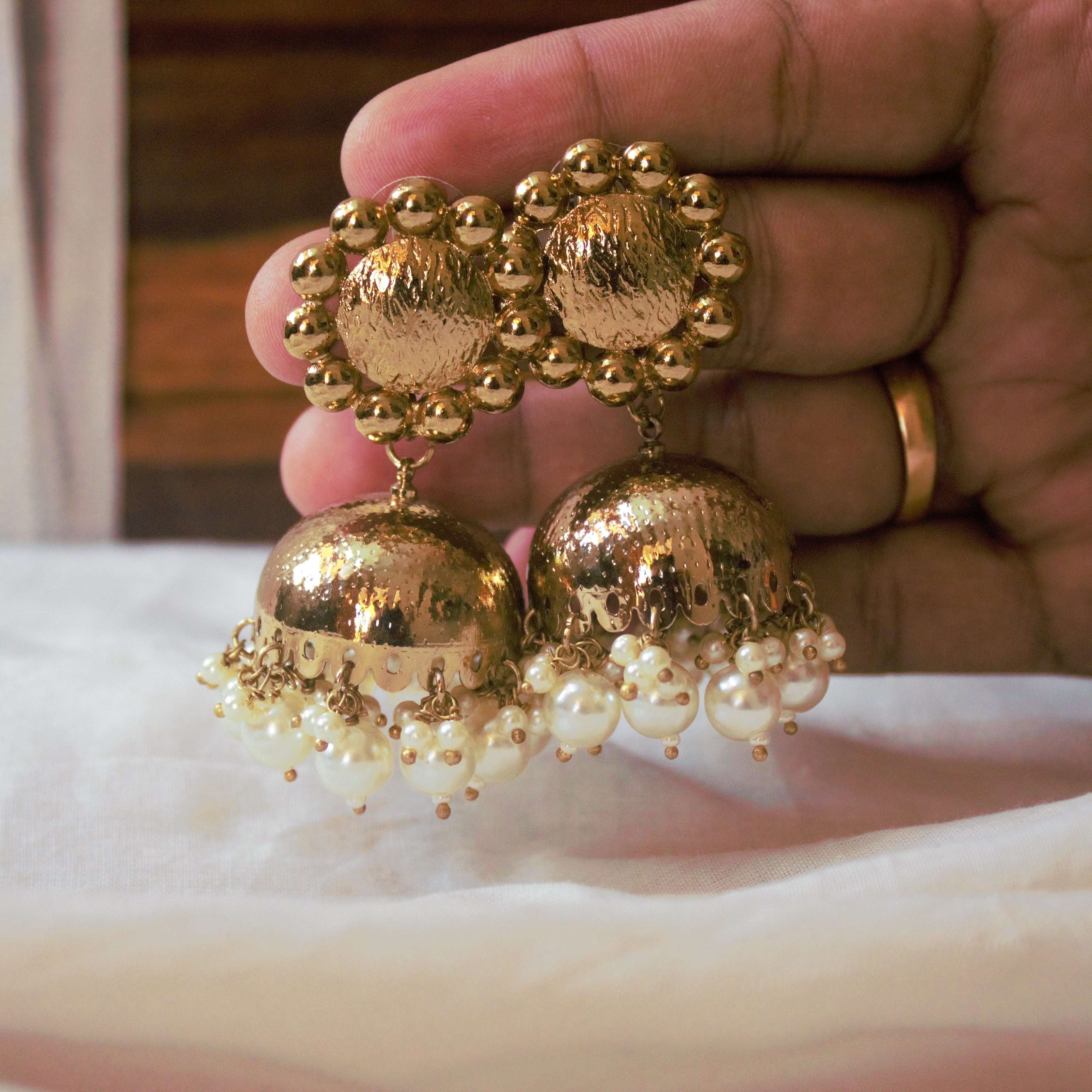 Plain Gold Top Bridal Festive Pearl Flower Jhumkas - Happy Pique