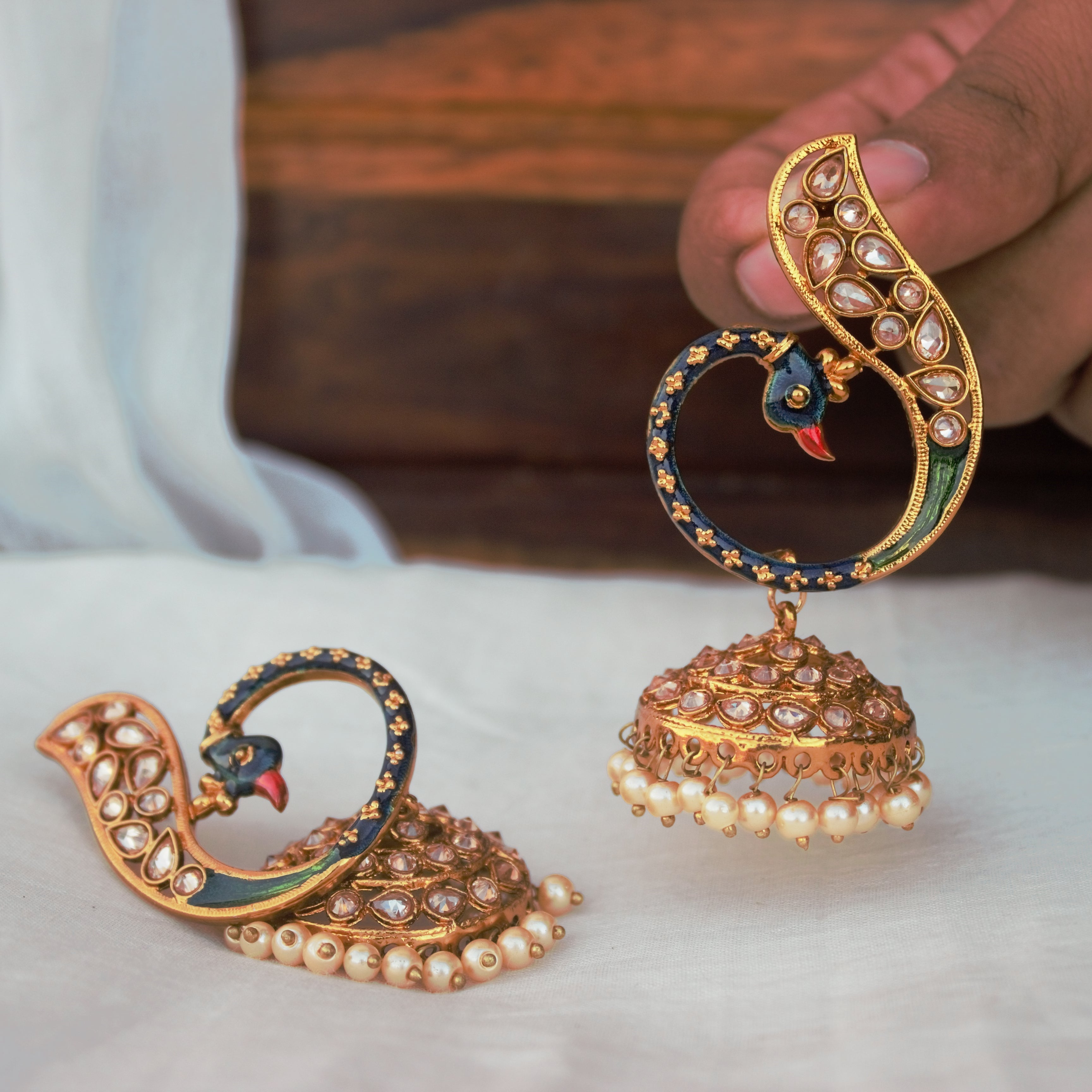 Peacock Meenakari Polki Jhumkas