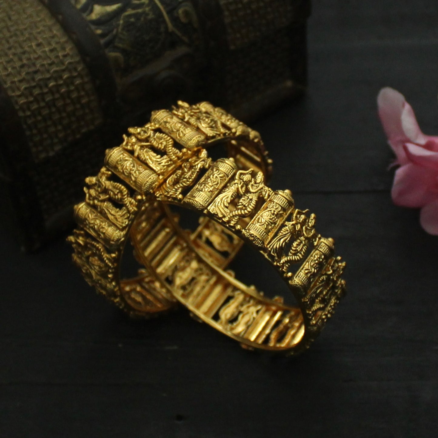 Antique Gold Plated Nagas Work Radhe Krishna Bridal Bangles