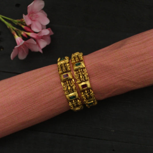 Antique Gold Plated Ram Parivar Nagas Work Bridal Bangles - Size: 2.6