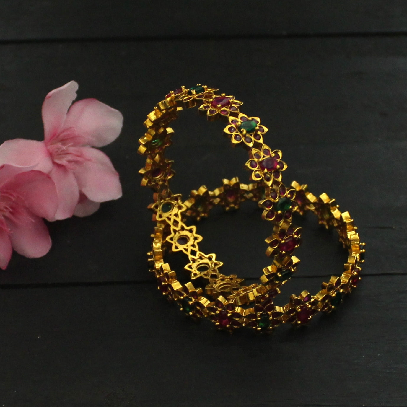 Antique Gold Plated Flower Stone Bridal AD Real Kemp Bangles - Size: 2.6