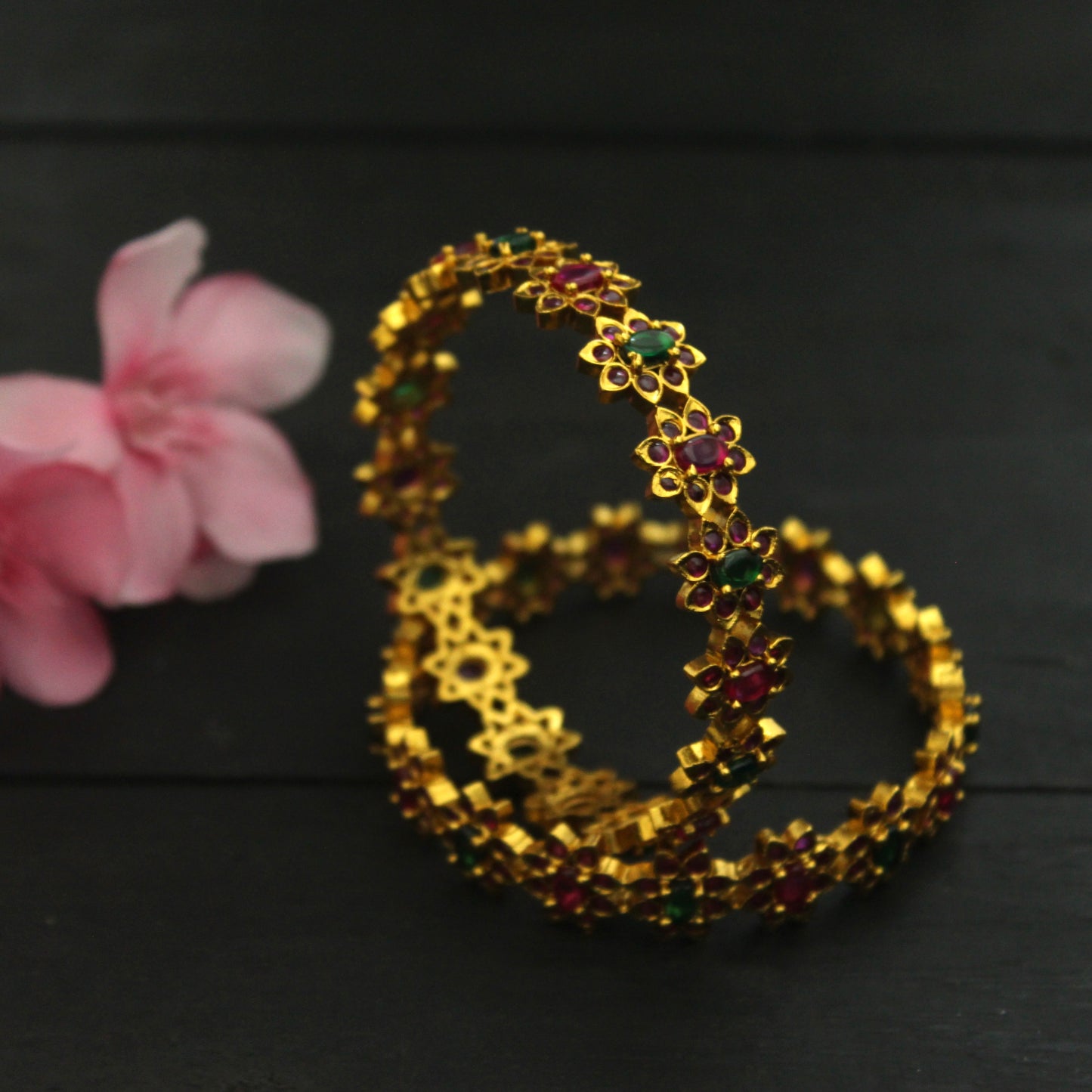 Antique Gold Plated Flower Stone Bridal AD Real Kemp Bangles - Size: 2.6