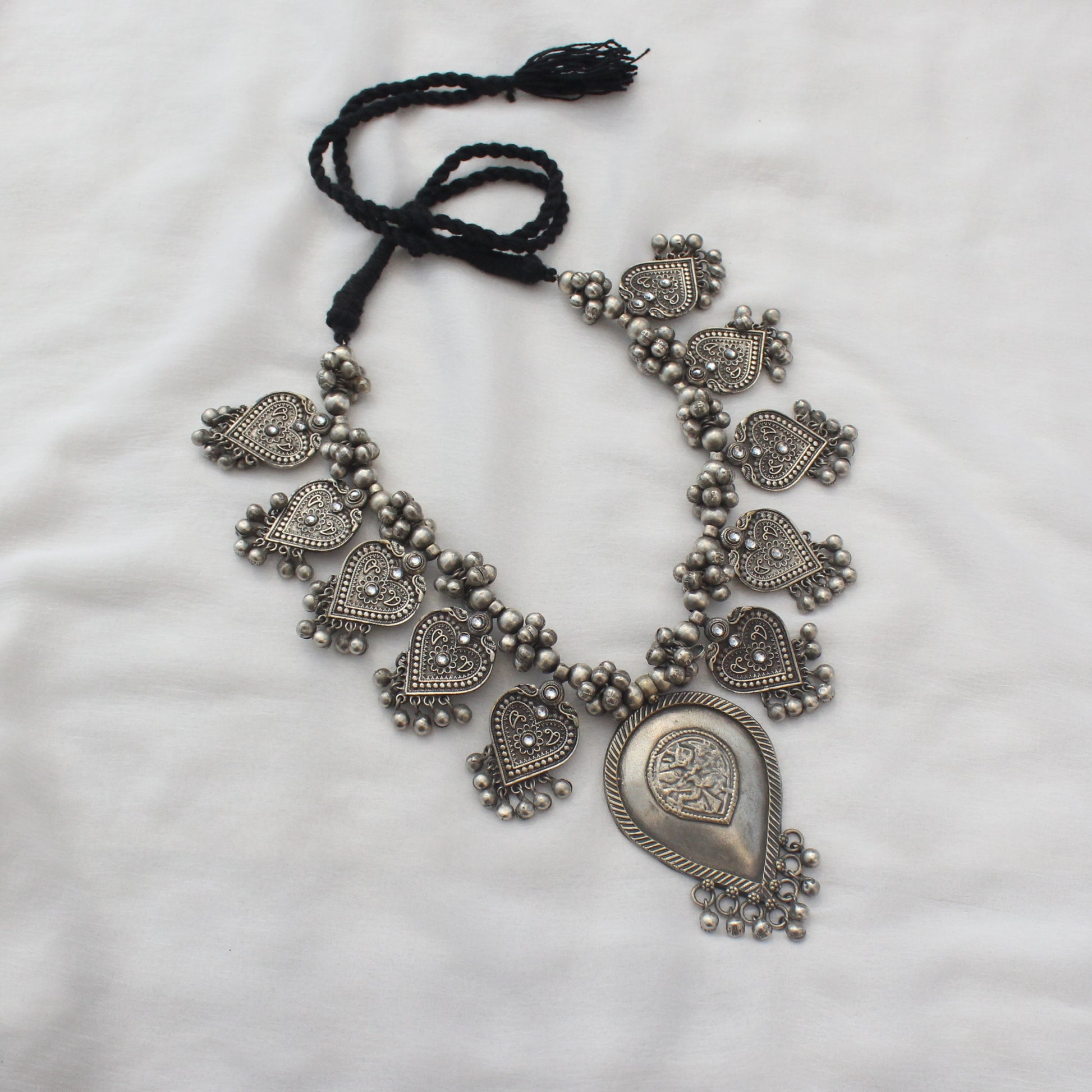 Bohemian Leaf Ghungroo Real Silver Look Necklace