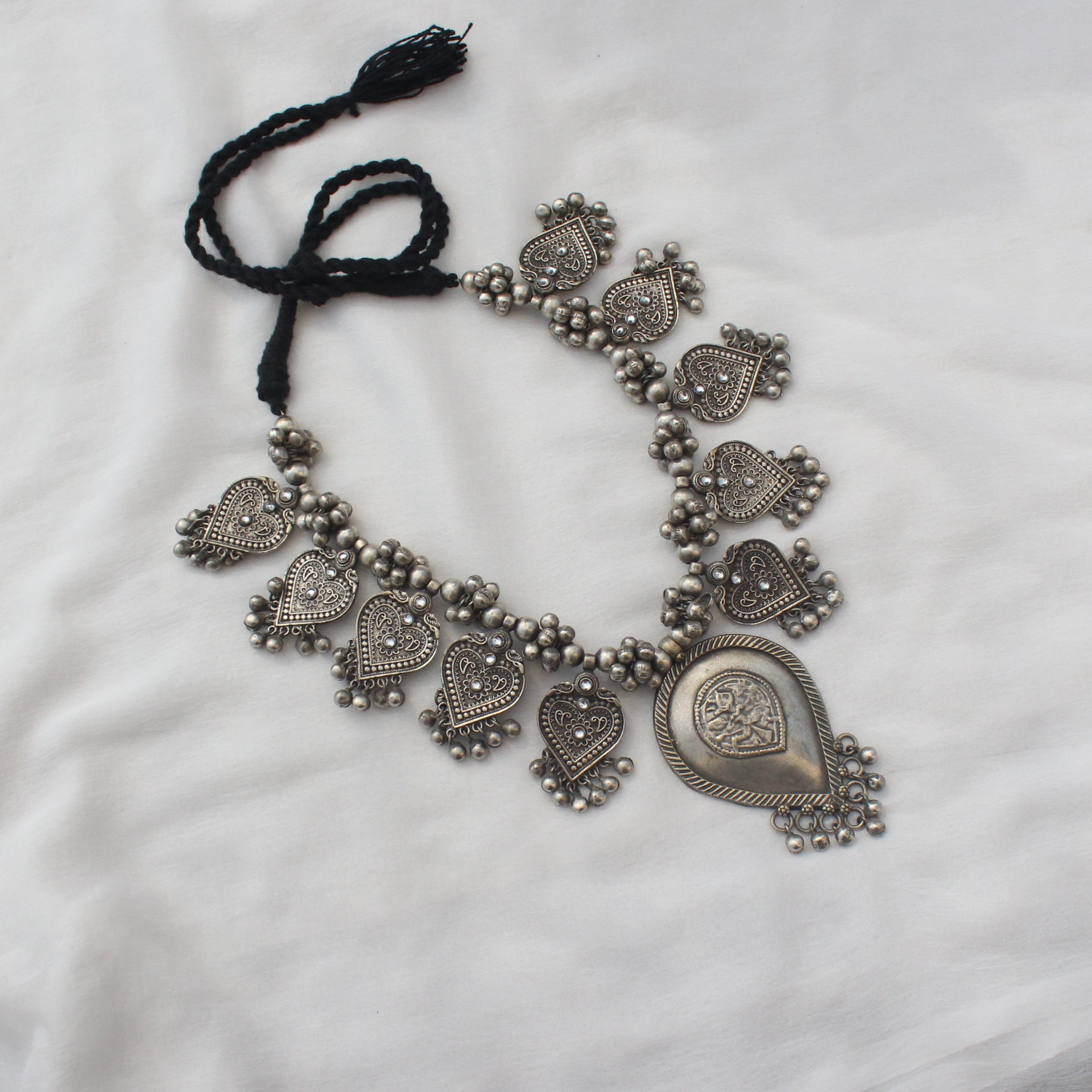 Bohemian Leaf Ghungroo Real Silver Look Necklace