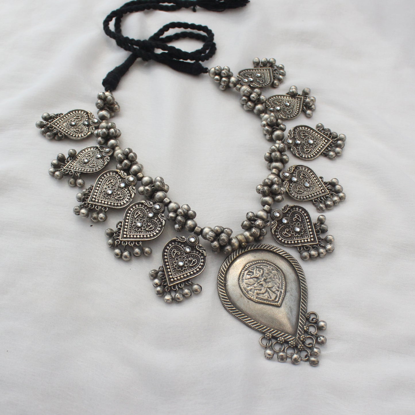 Bohemian Leaf Ghungroo Real Silver Look Necklace