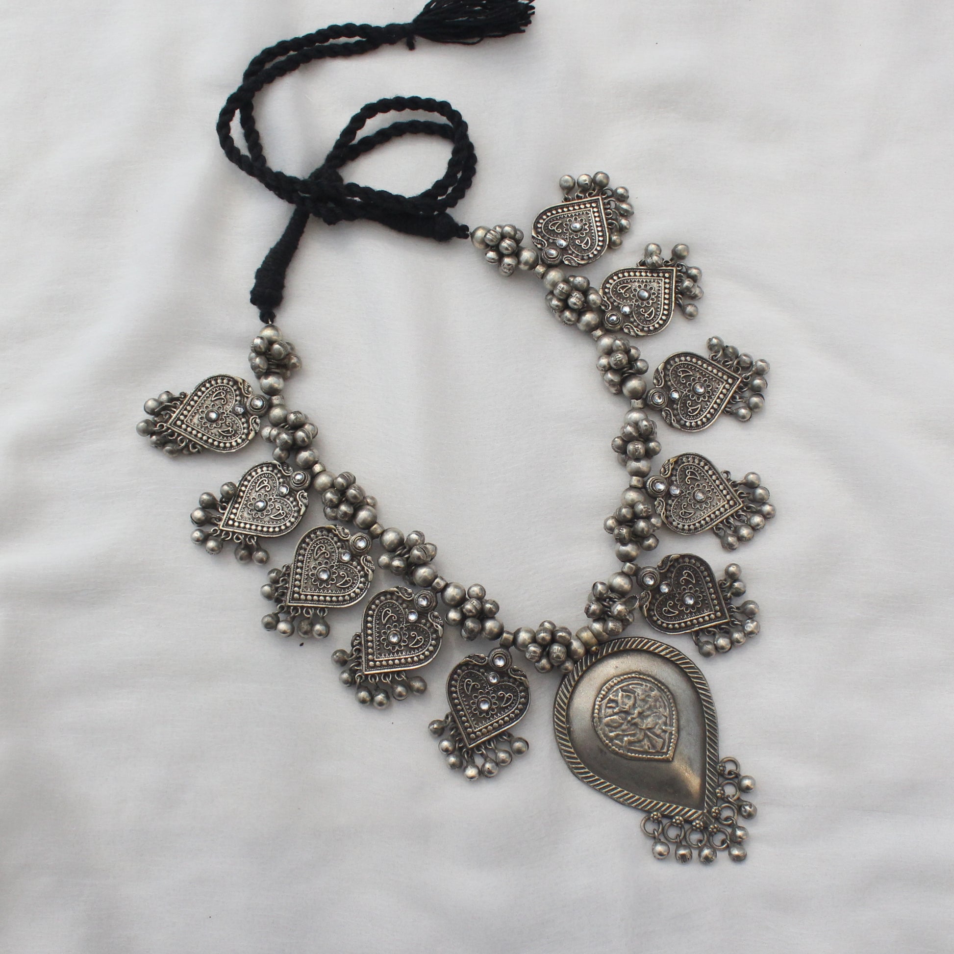 Bohemian Leaf Ghungroo Real Silver Look Necklace