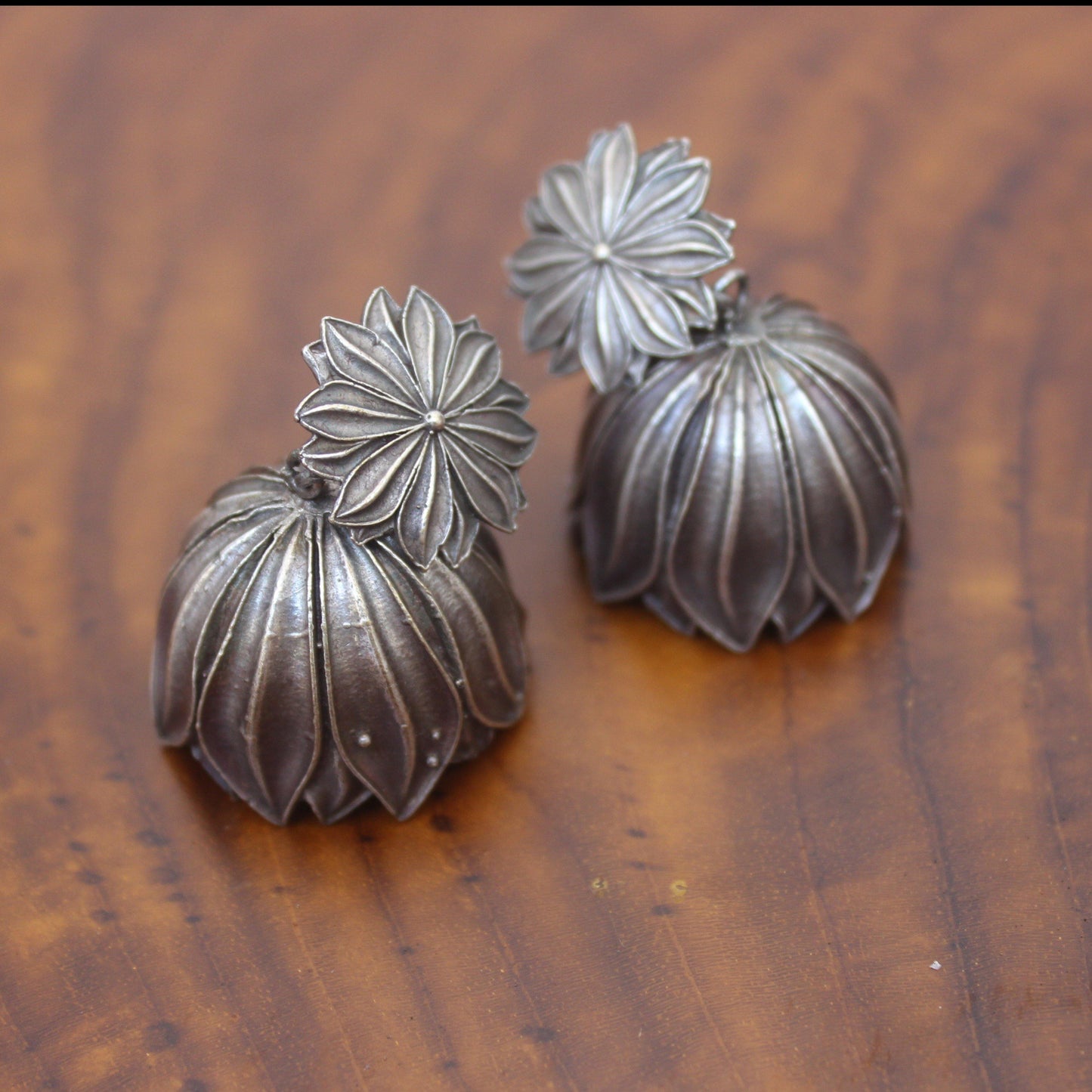 German Silver Flower Jhumkas - Happy Pique 