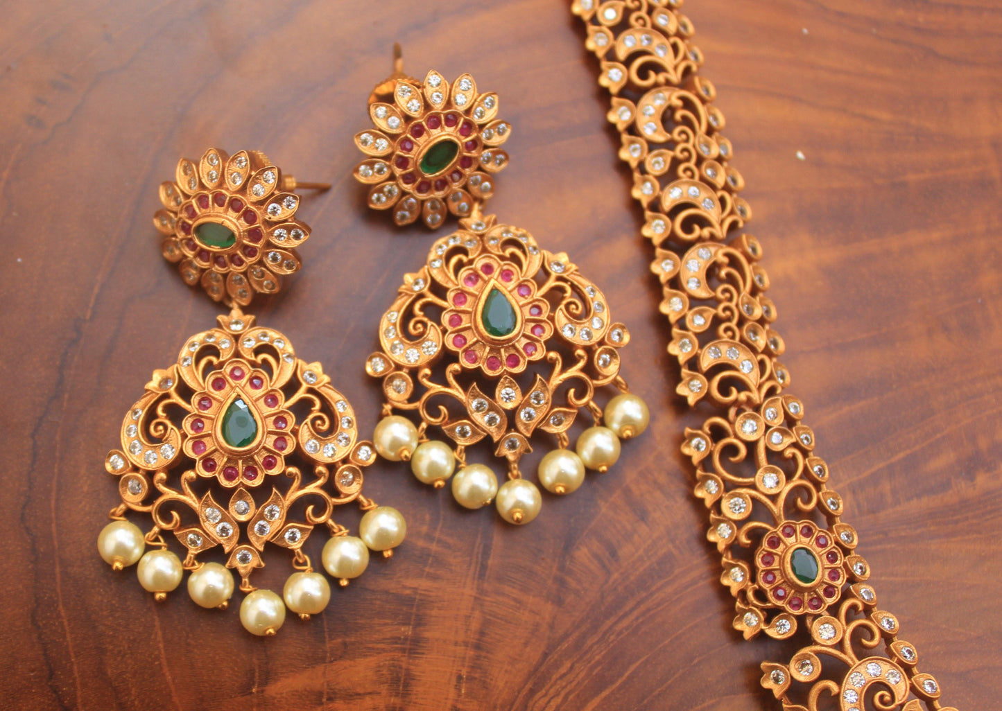 Long AD Stones Studded Heavy Traditional Bridal Haaram Necklace Set - Happy Pique 