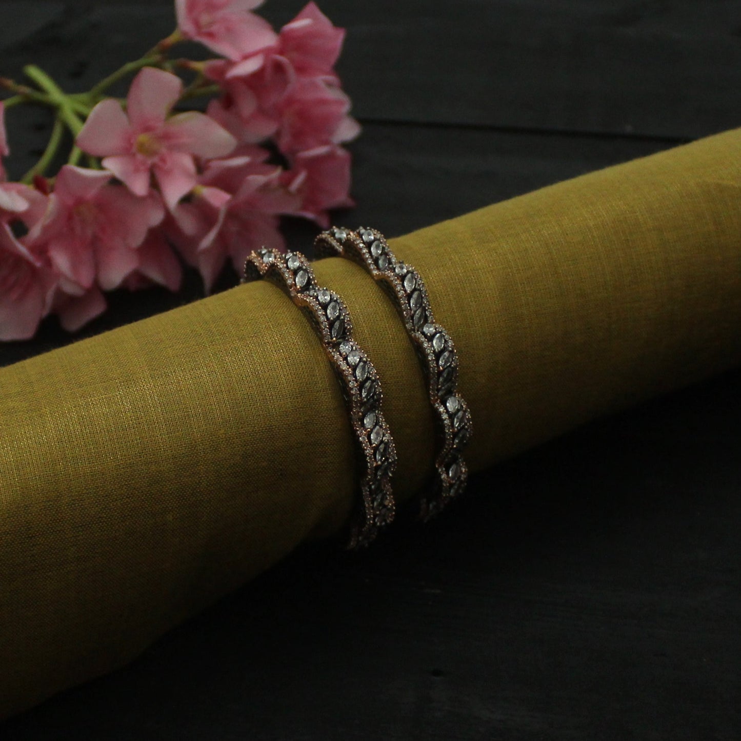 Opal, CZ & AD Stones Studded Black Rose Plated Statement Bangles