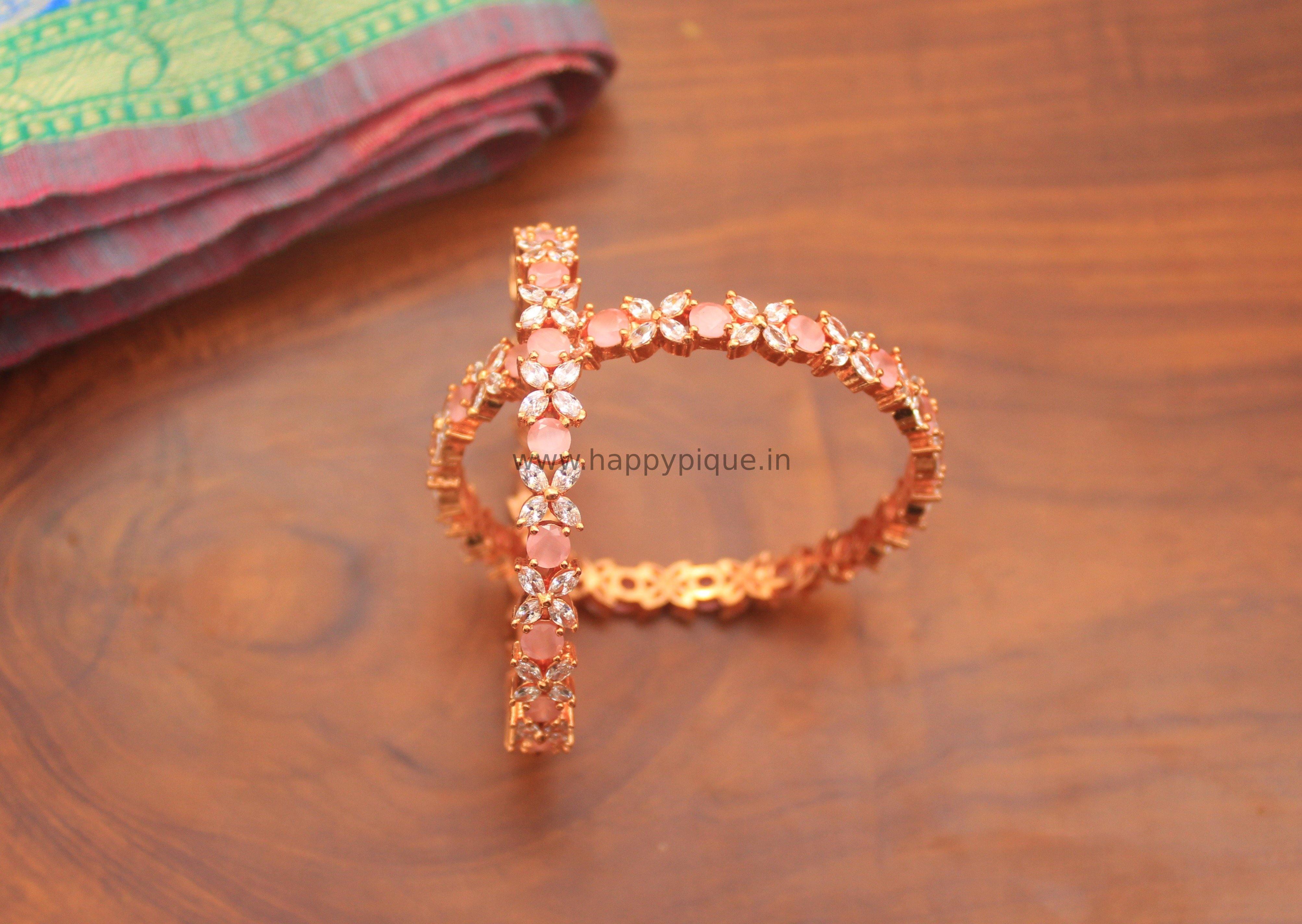 AD Stone Bridal Rose Gold Bangles - Soft Rose - Size: 2.6 - Happy Pique 