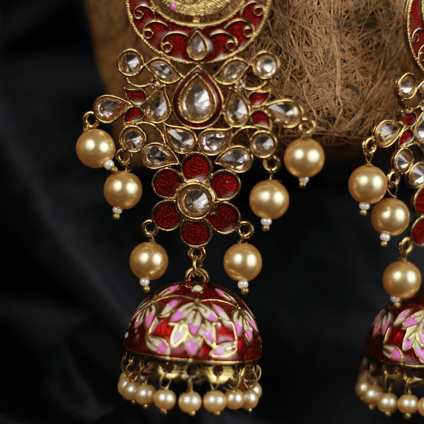 Long CZ Stones Studded Bollywood Chaandini Jhumkas - Red - Happy Pique 