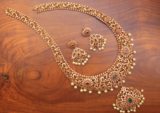 Long AD Stones Studded Heavy Traditional Bridal Haaram Necklace Set - Happy Pique 