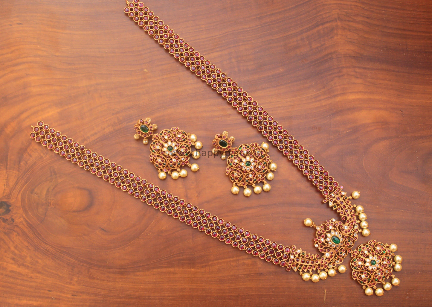 Real Kemp Stones Studded AD Pearls Pendant Designer Bridal Haaram Necklace set- Happy Pique 