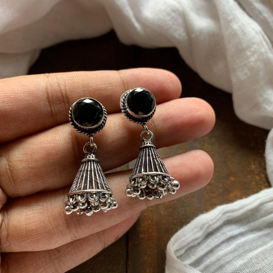 German Silver Cone Stone Jhumkas - Black - Happy Pique 