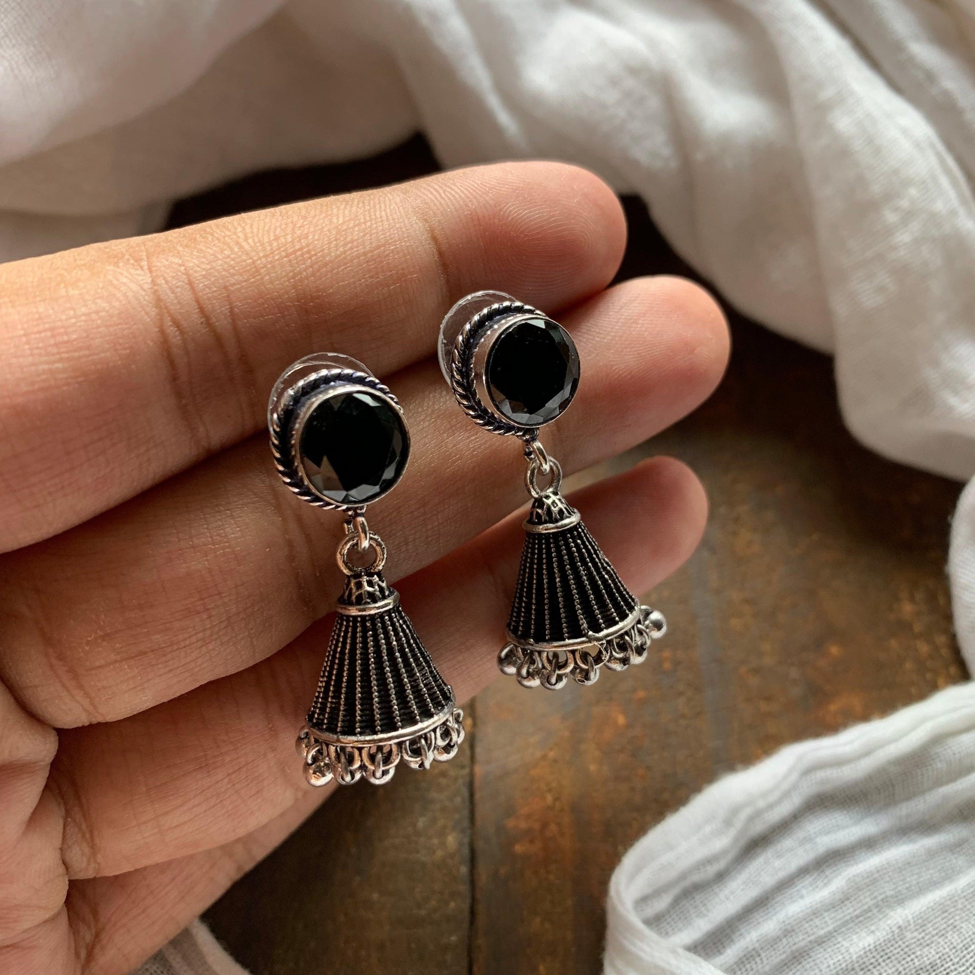 German Silver Cone Stone Jhumkas - Black - Happy Pique 