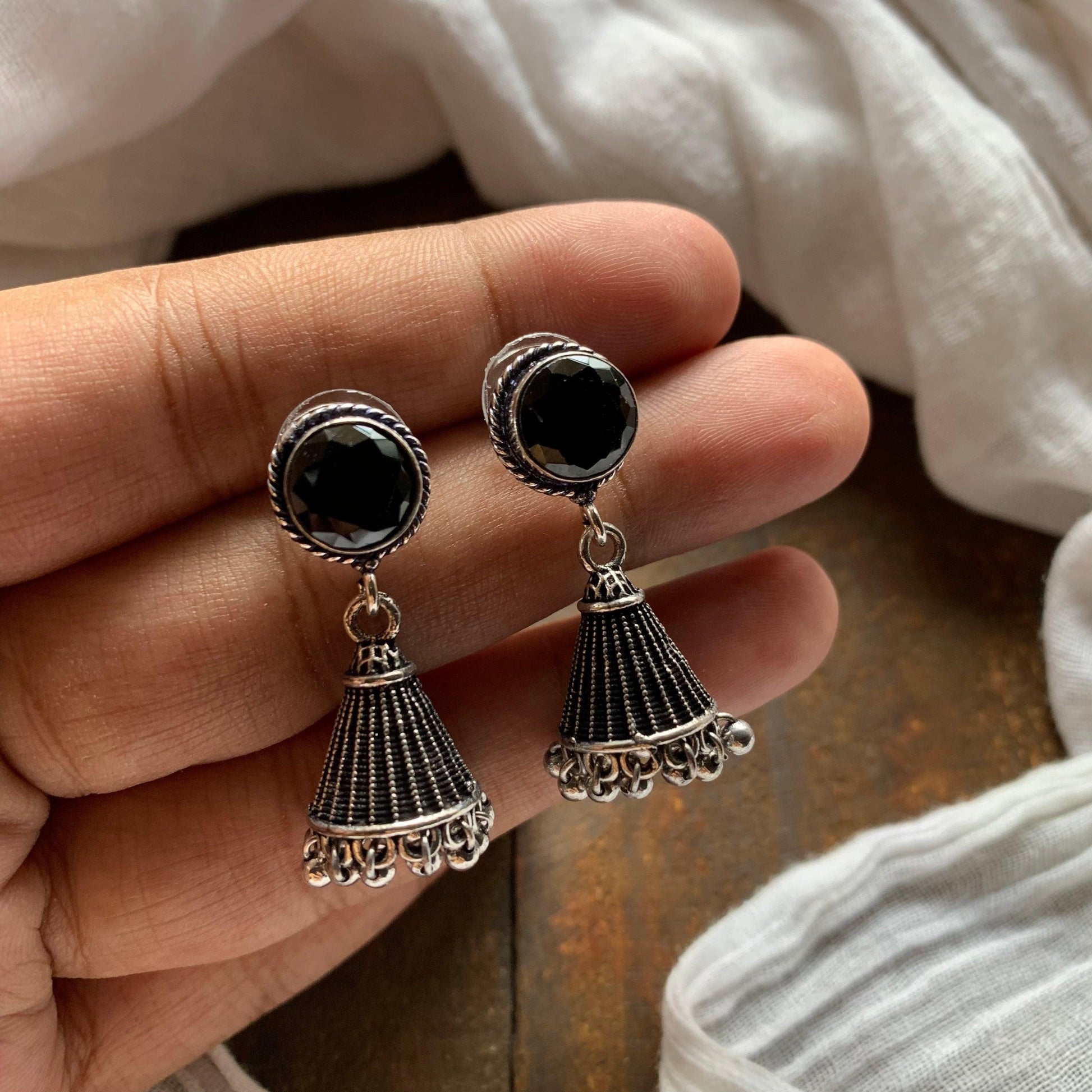 German Silver Cone Stone Jhumkas - Black - Happy Pique 