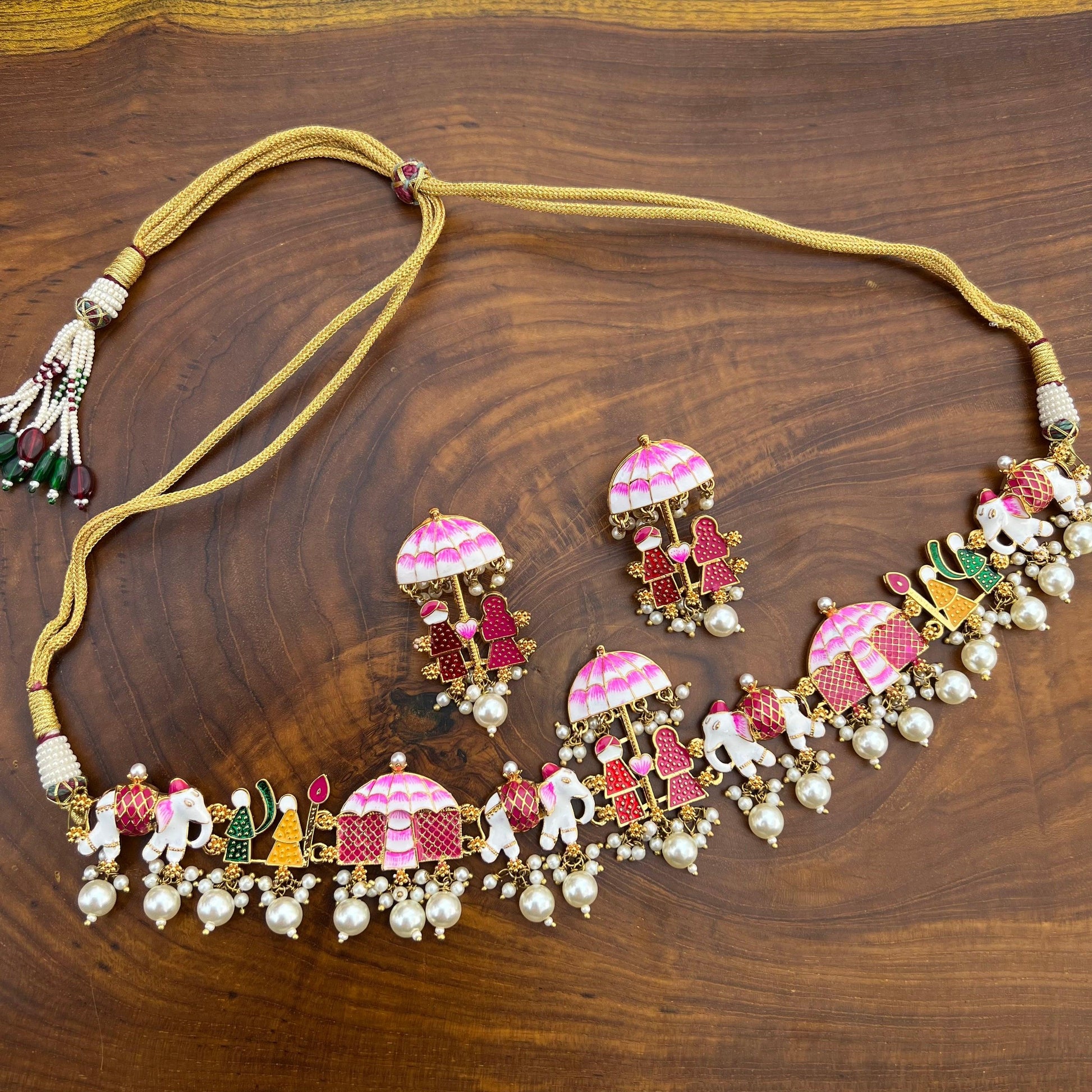 Hand painted Barat Meenakari Choker Necklace Set - Happy Pique