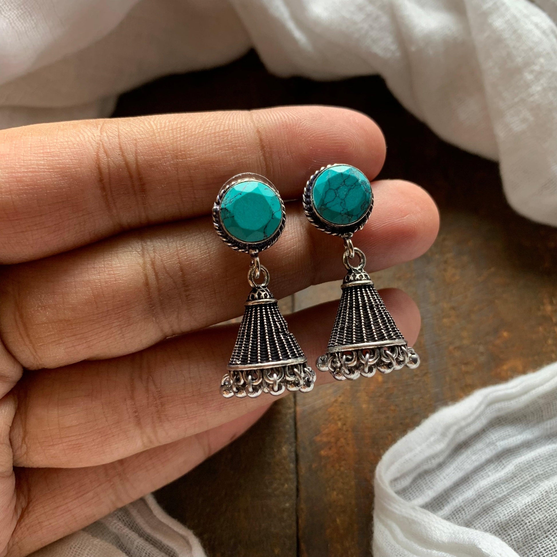 Cone Stone German Silver Jhumkas - Turquoise - Happy Pique 