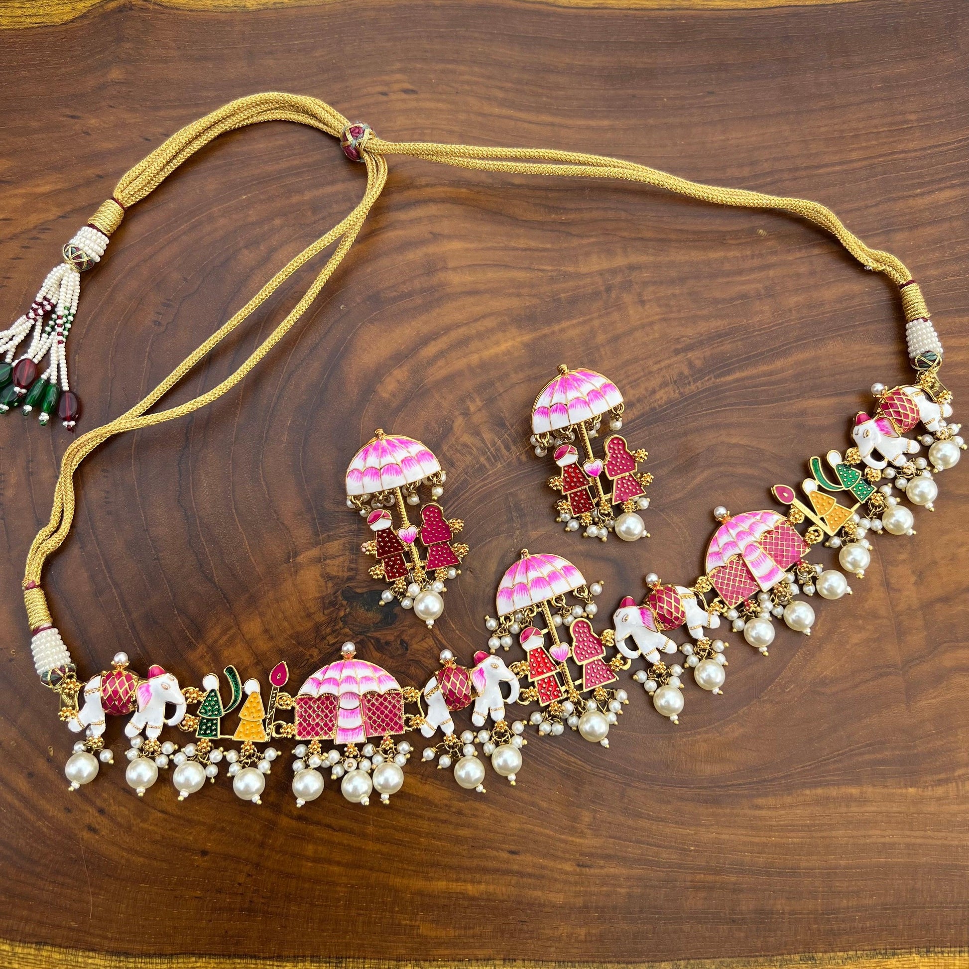 Hand painted Barat Meenakari Choker Necklace Set - Happy Pique