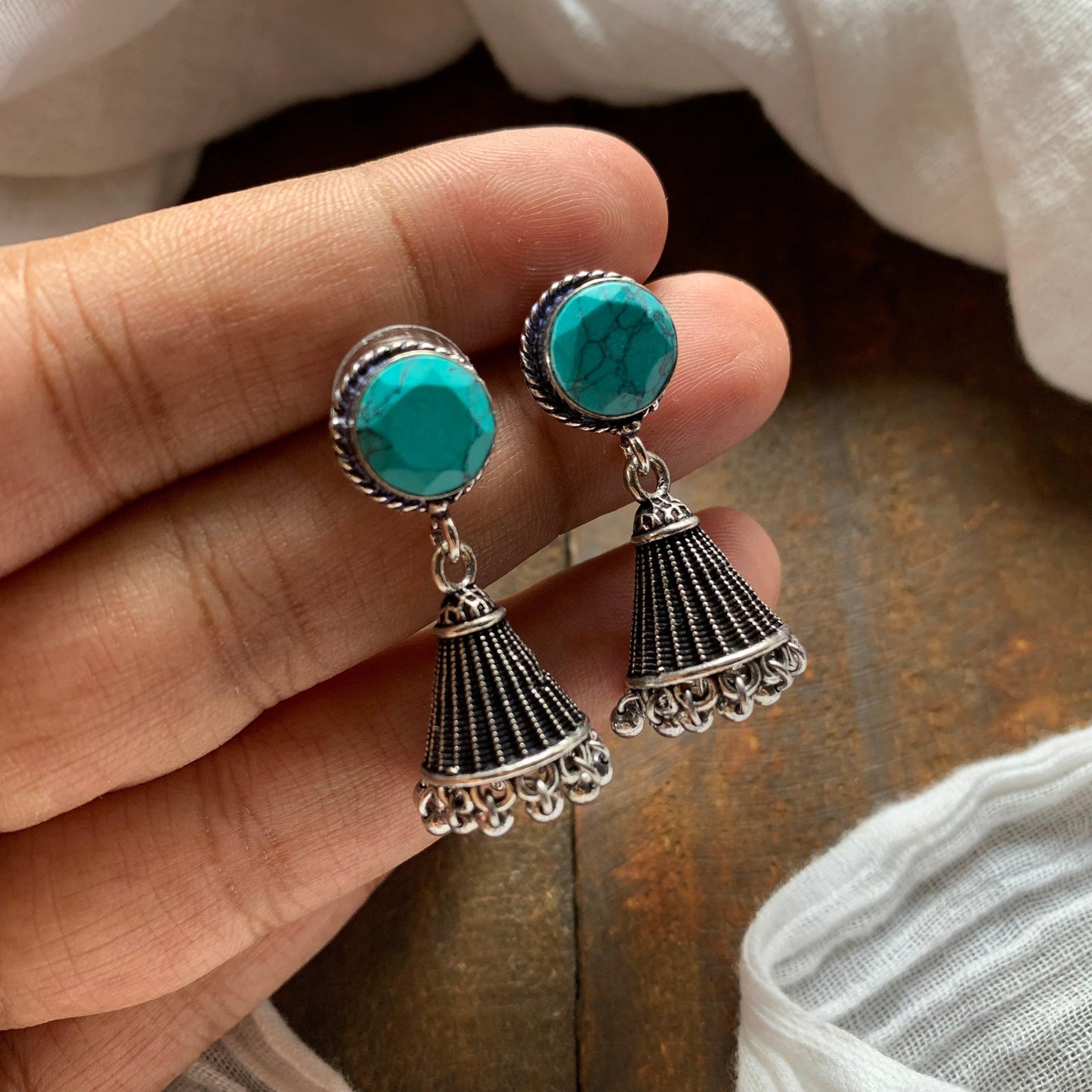 Cone Stone German Silver Jhumkas - Turquoise - Happy Pique 