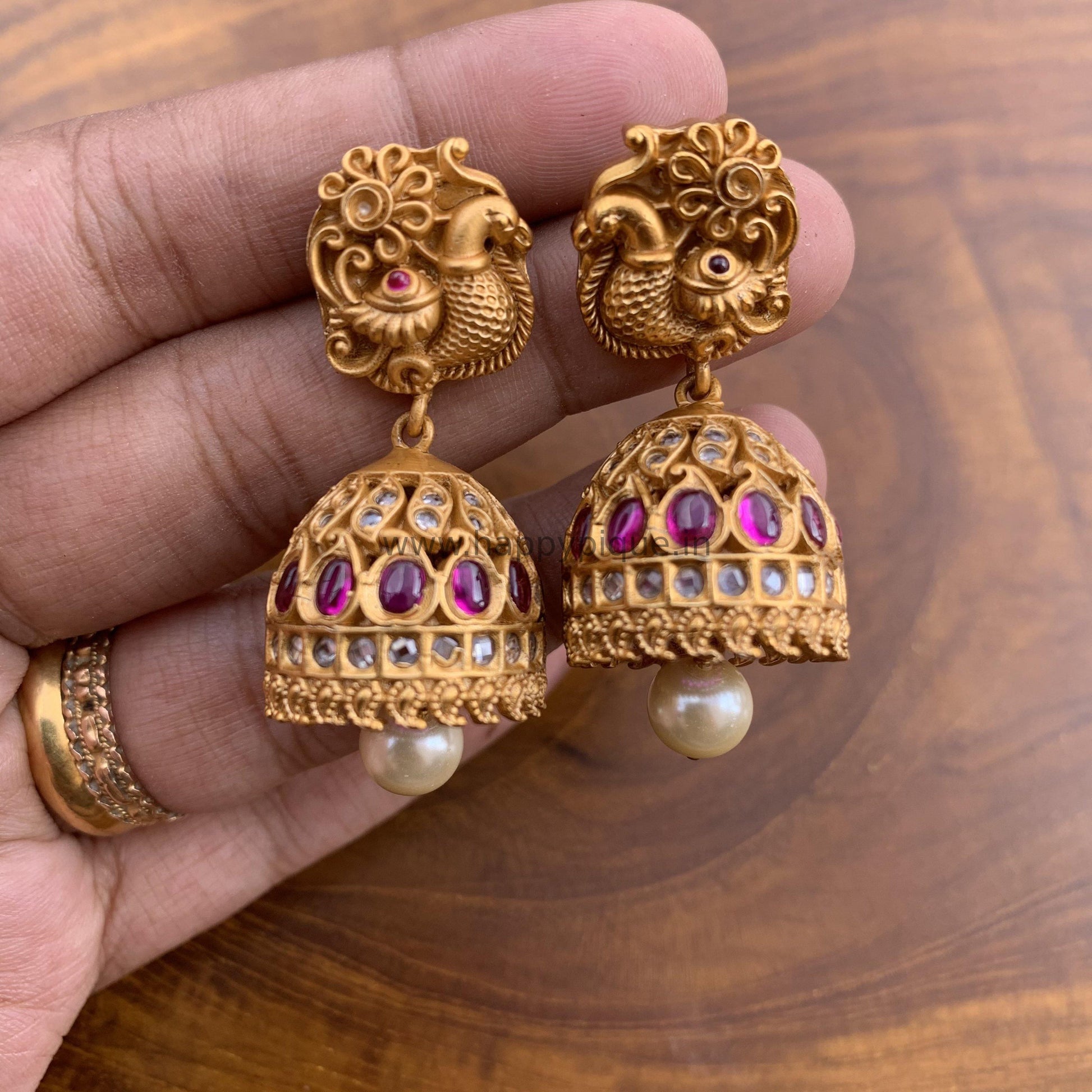 Real Kemp & AD Stones Studded Matte Finish Traditional Annapakshi Jhumkas - Happy Pique 