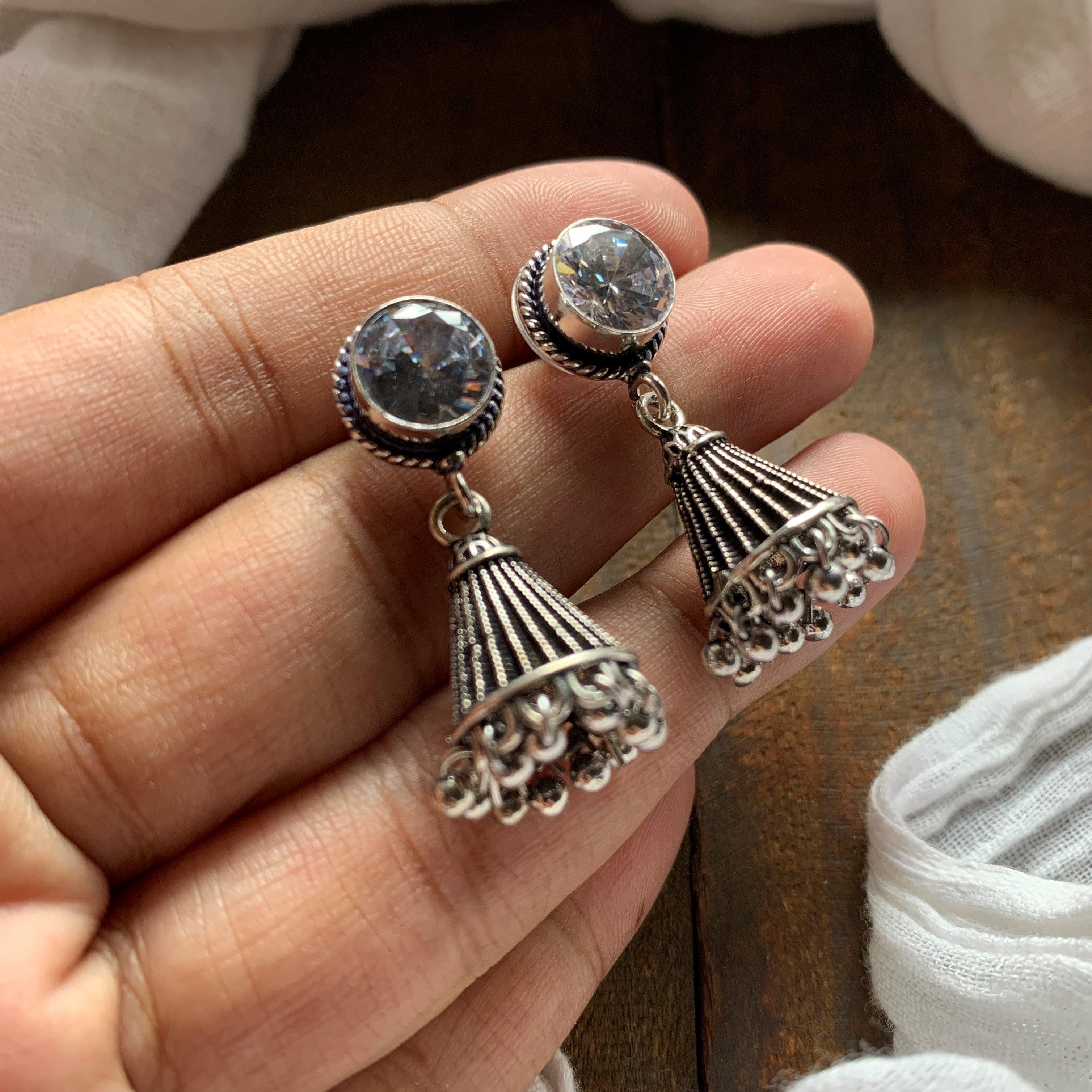 German Silver Cone Stone Jhumkas - White - Happy Pique 