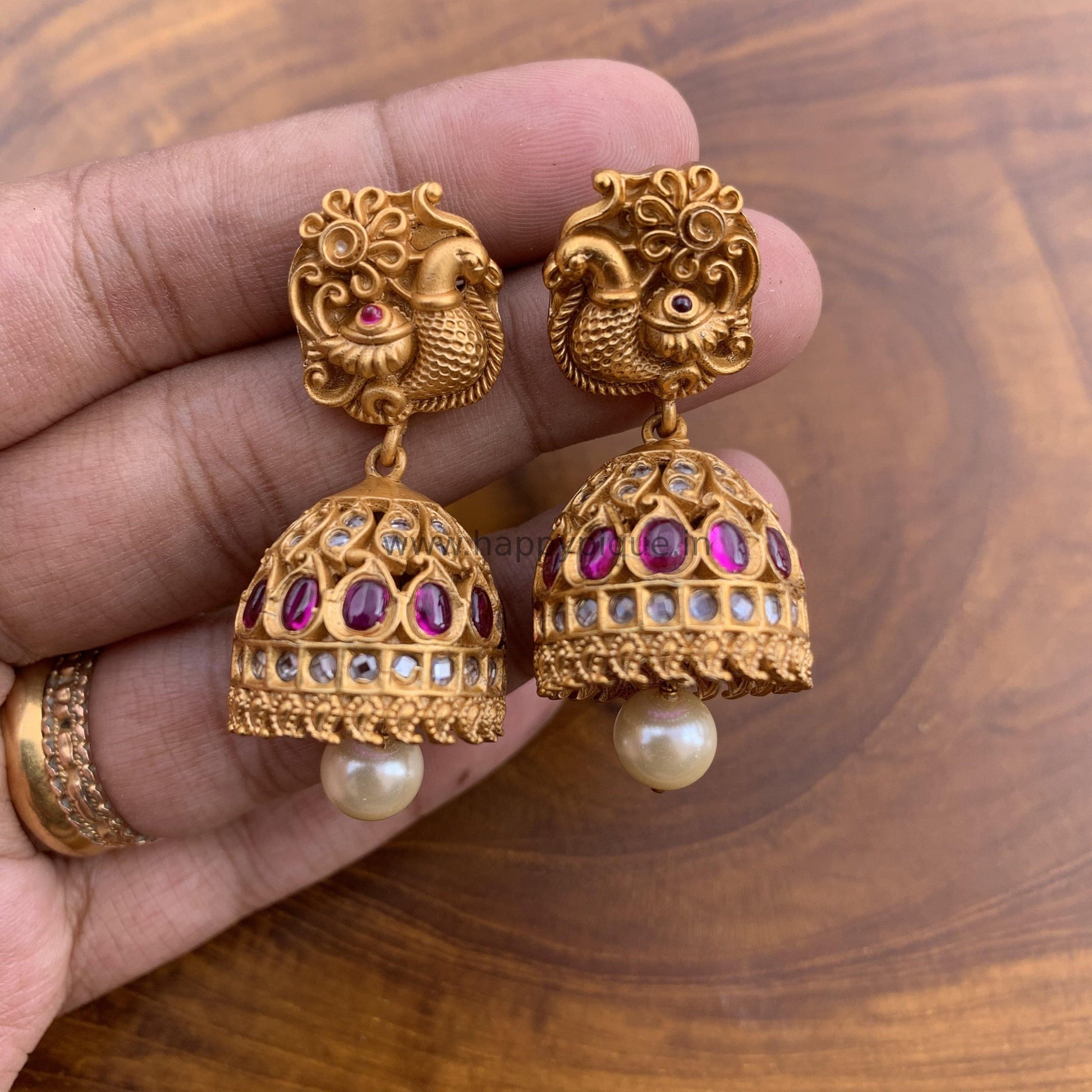 Real Kemp & AD Stones Studded Matte Finish Traditional Annapakshi Jhumkas - Happy Pique 