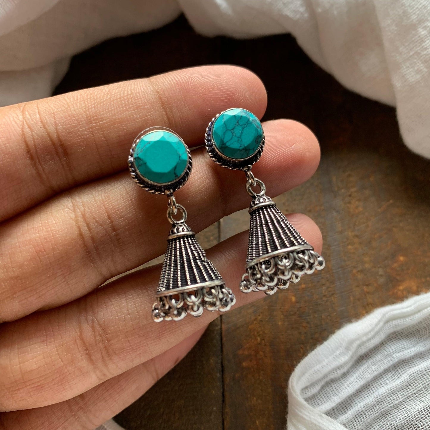 Cone Stone German Silver Jhumkas - Turquoise - Happy Pique 