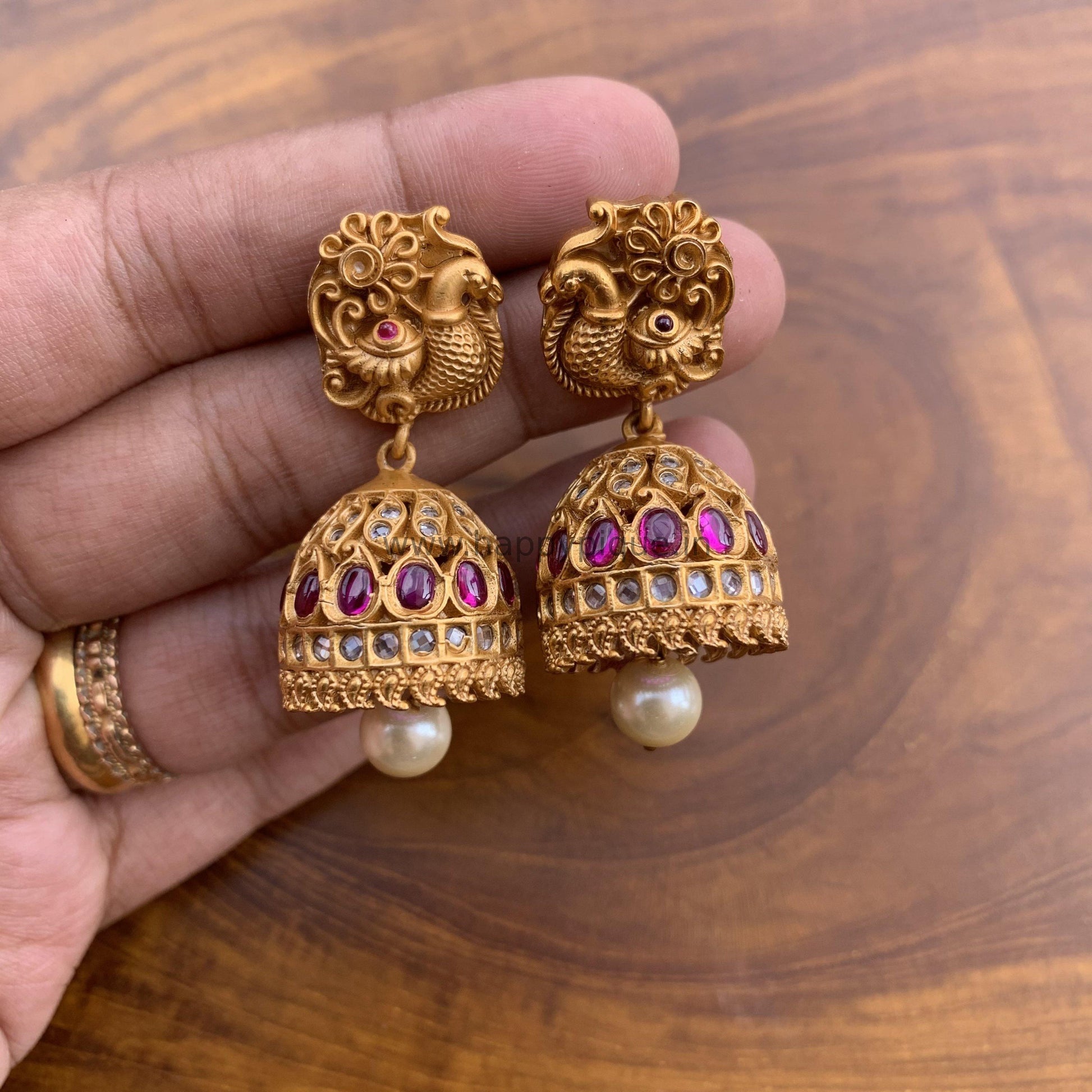 Real Kemp & AD Stones Studded Matte Finish Traditional Annapakshi Jhumkas - Happy Pique 