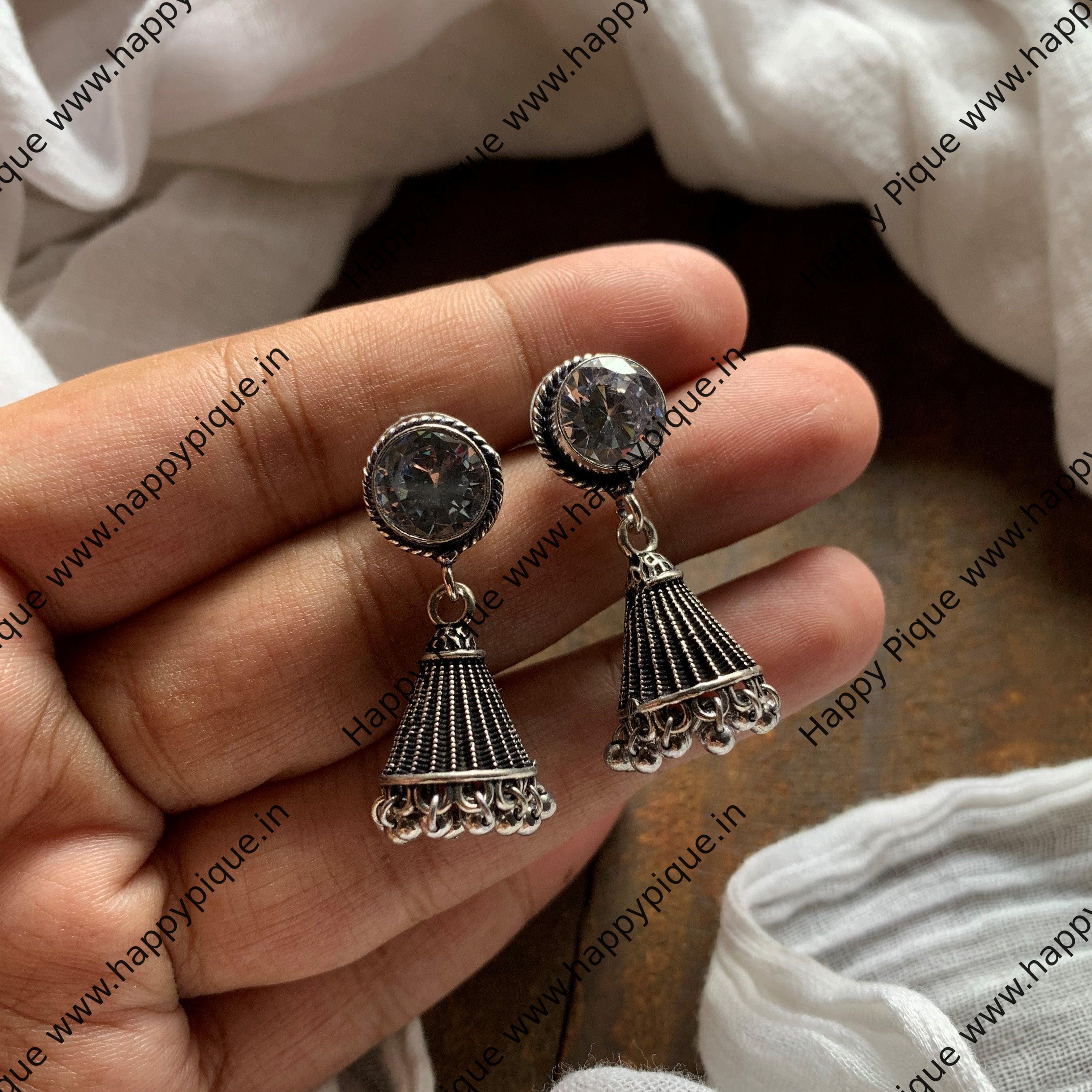 German Silver Cone Stone Jhumkas - White - Happy Pique 