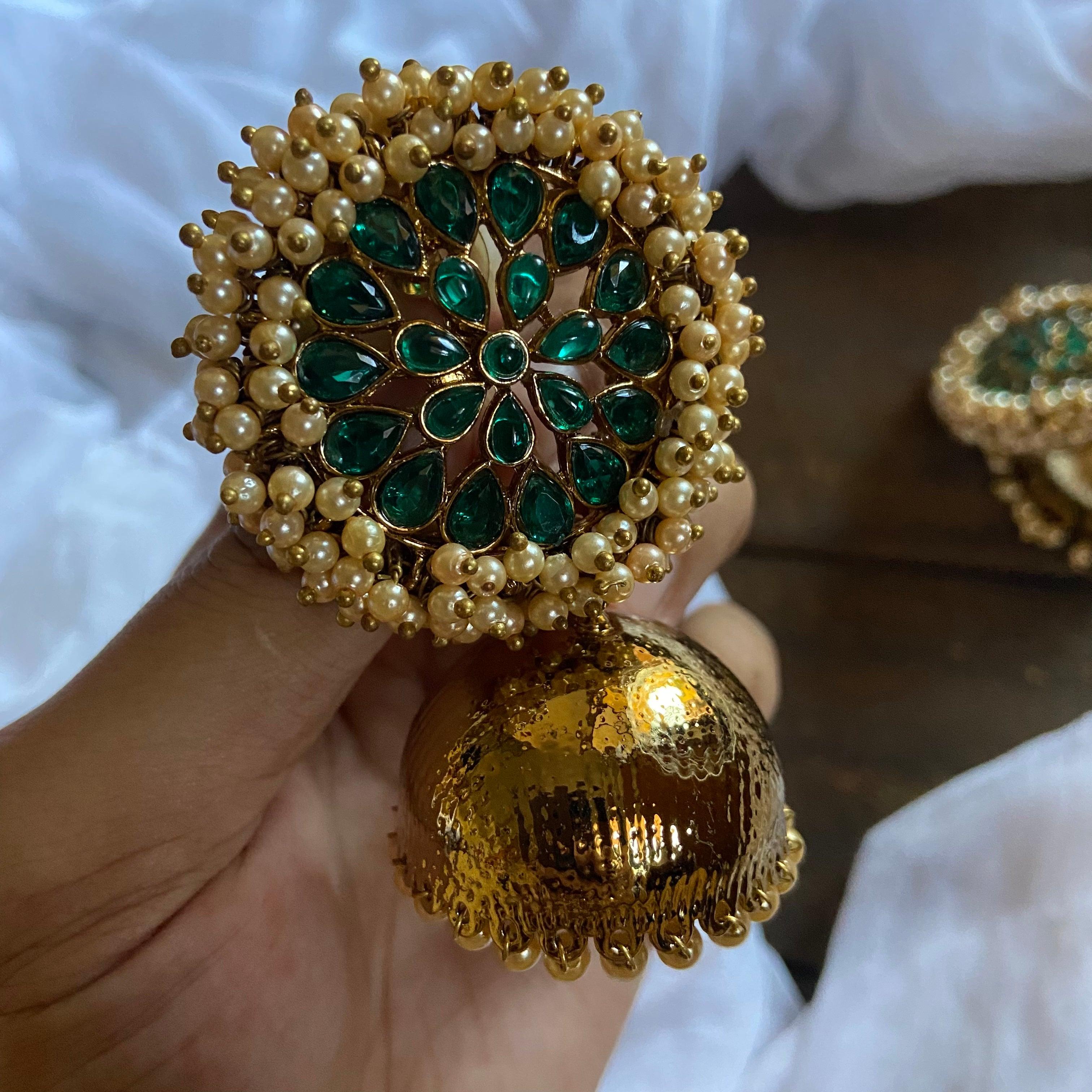 Big Kemp Stones Studded Cluster Pearl Top Bollywood Festive Jhumkas - Green - Happy Pique 