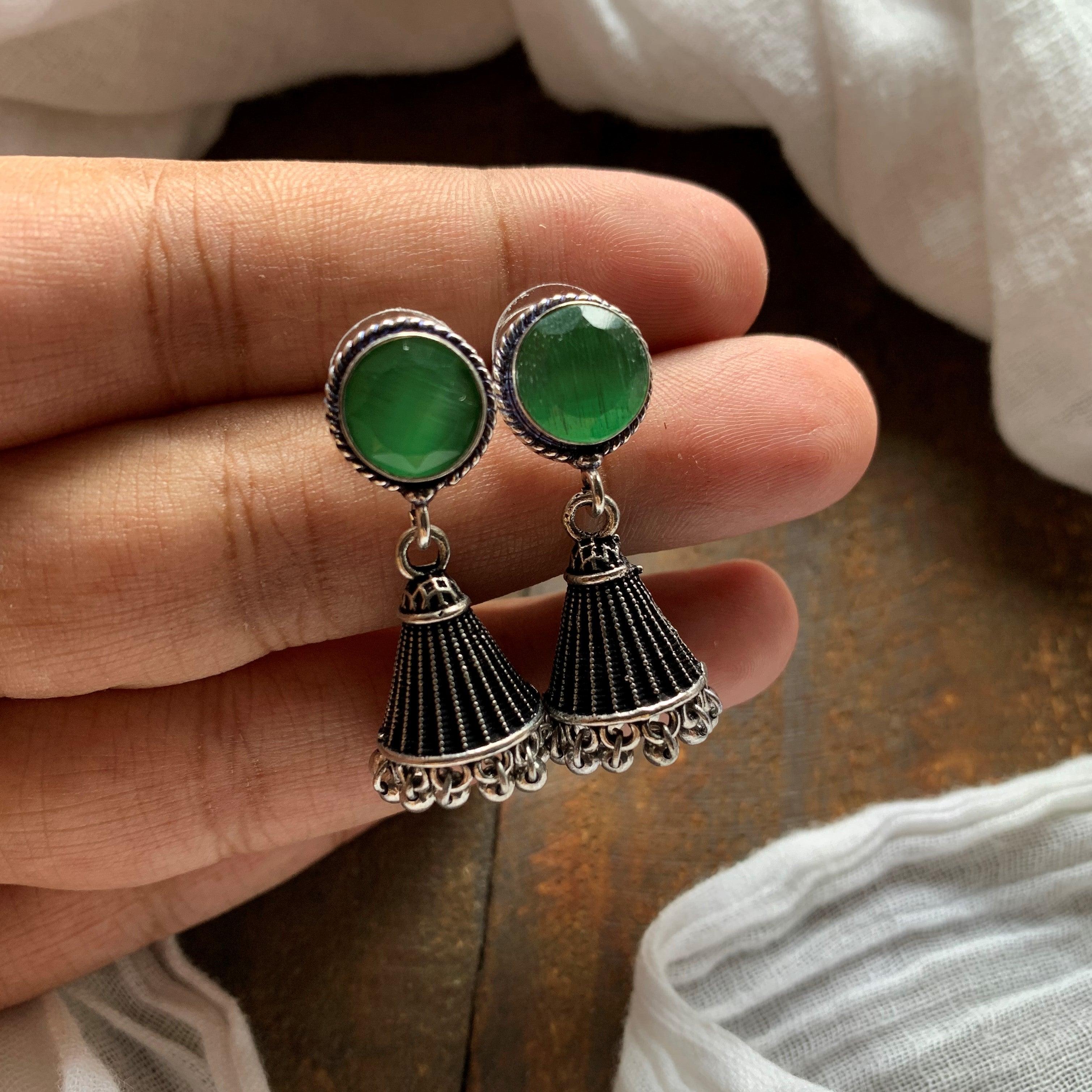 Cone Stone German Silver Jhumkas - Dark Green - Happy Pique 