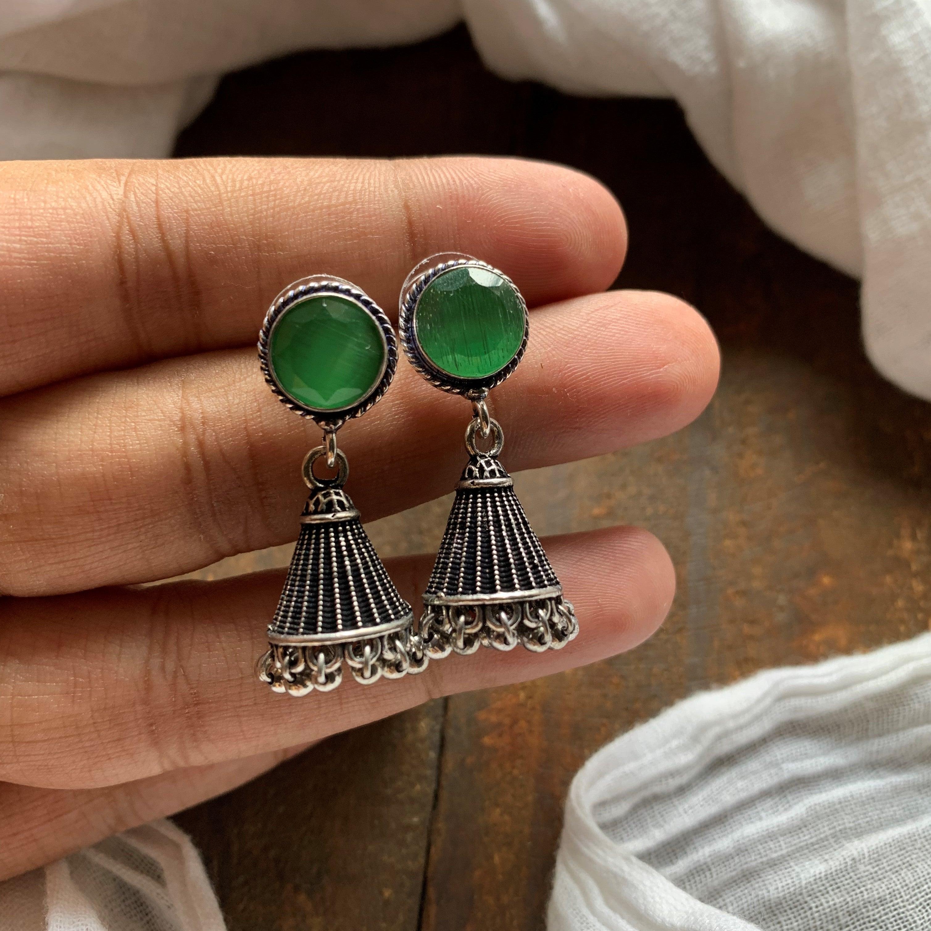 Cone Stone German Silver Jhumkas - Dark Green - Happy Pique 