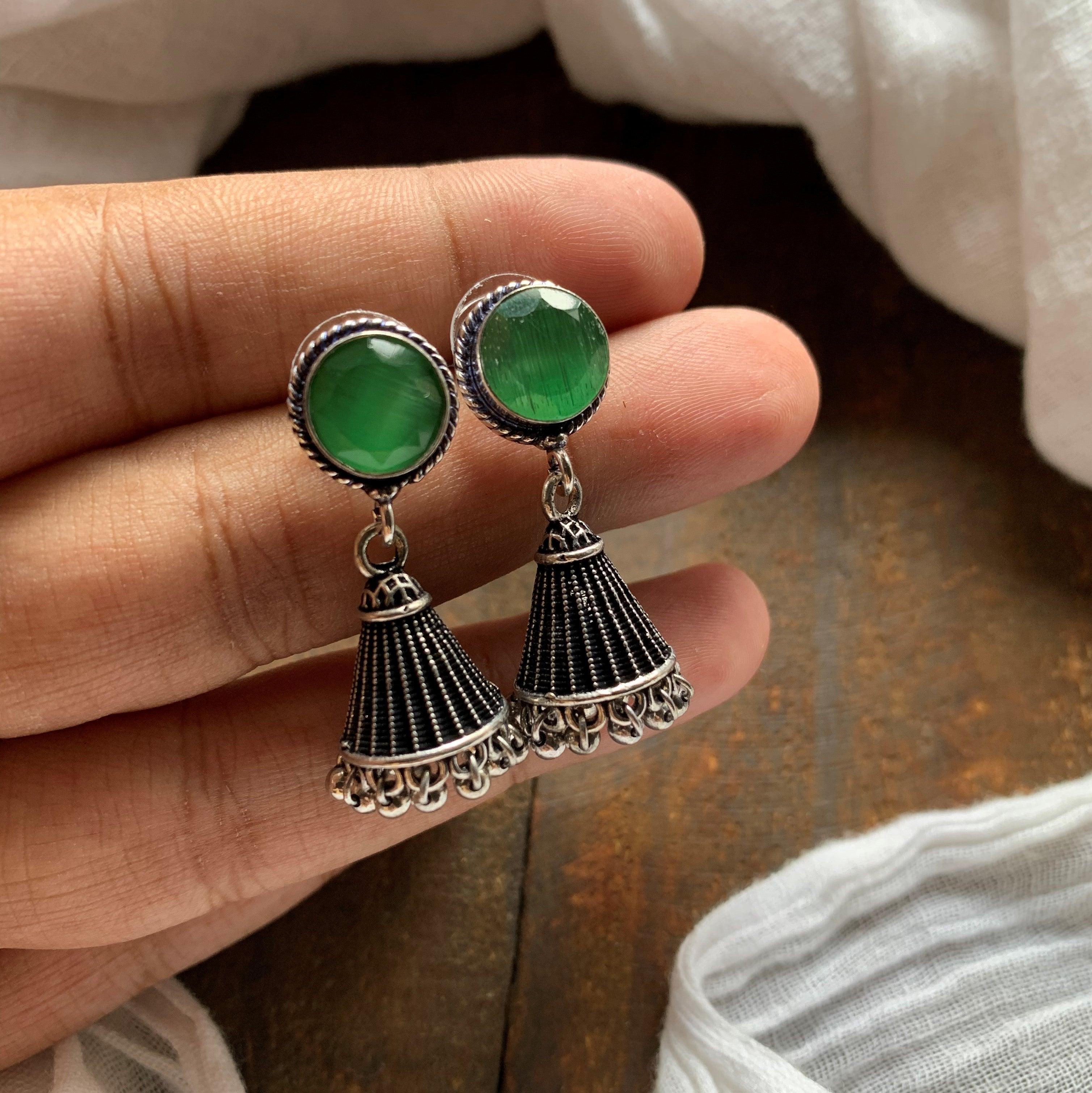 Cone Stone German Silver Jhumkas - Dark Green - Happy Pique 