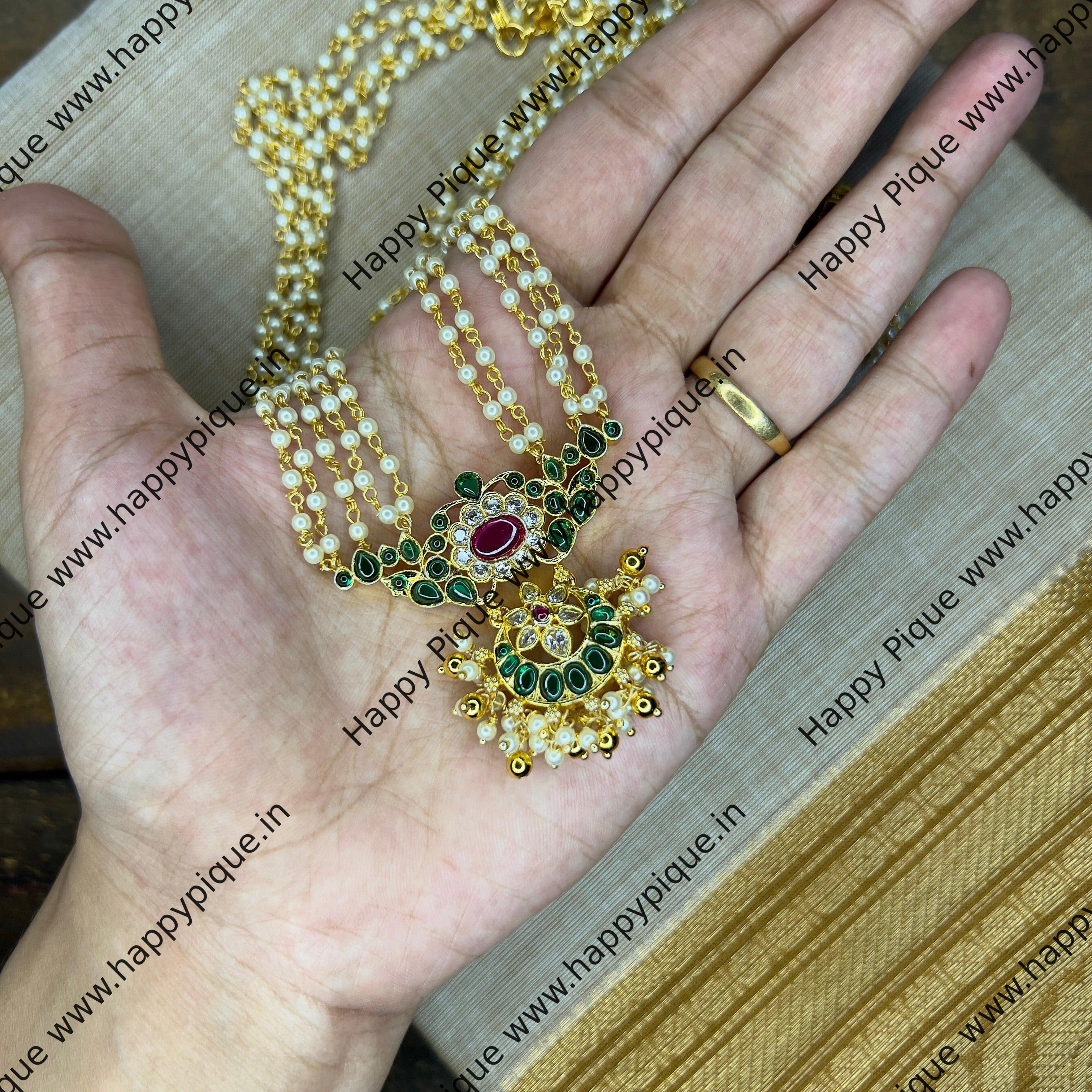 Real Kemp Traditional Chaand Pendant 5 Layer Pearl Haaram