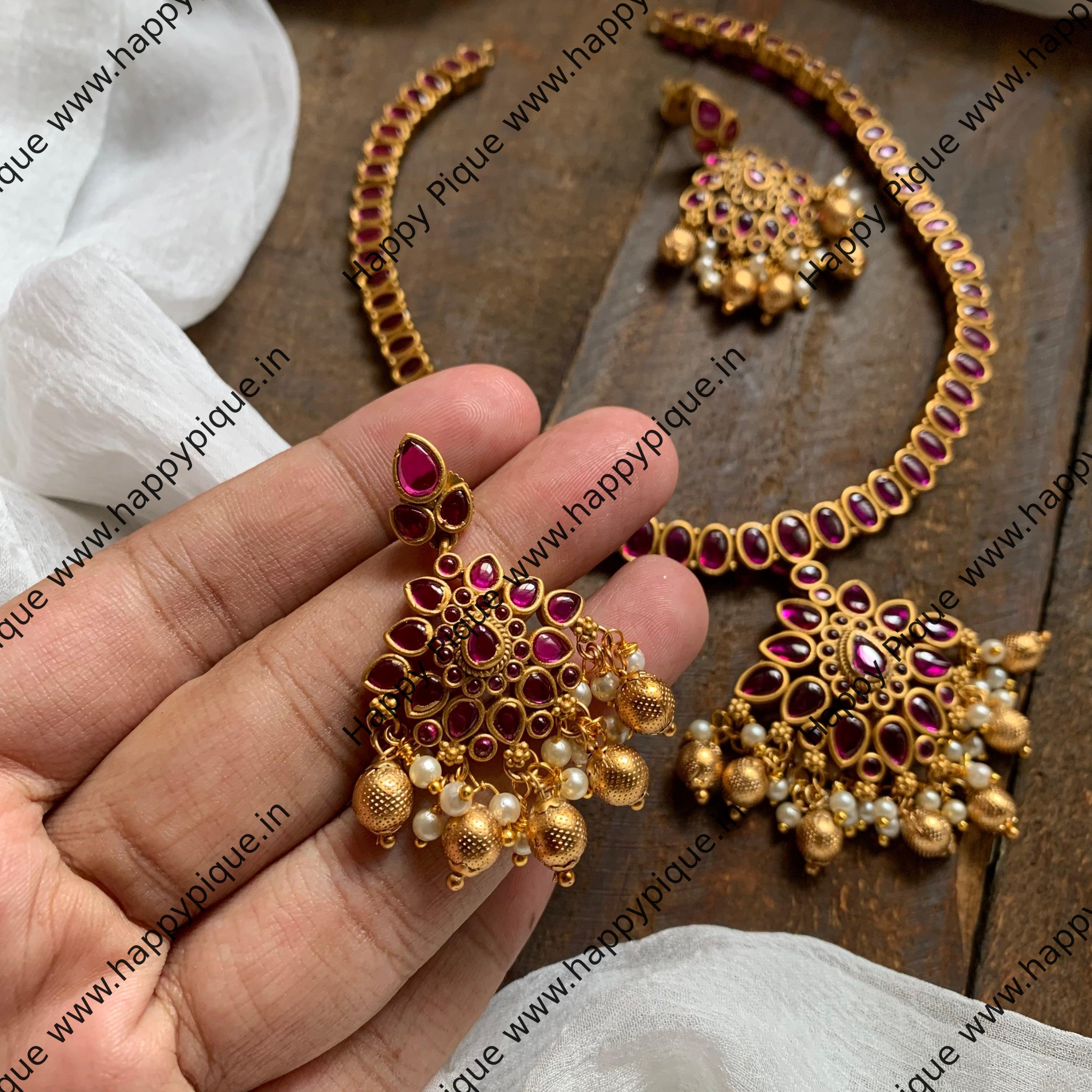 Traditional Tilak Kemp Necklace Set - Ruby