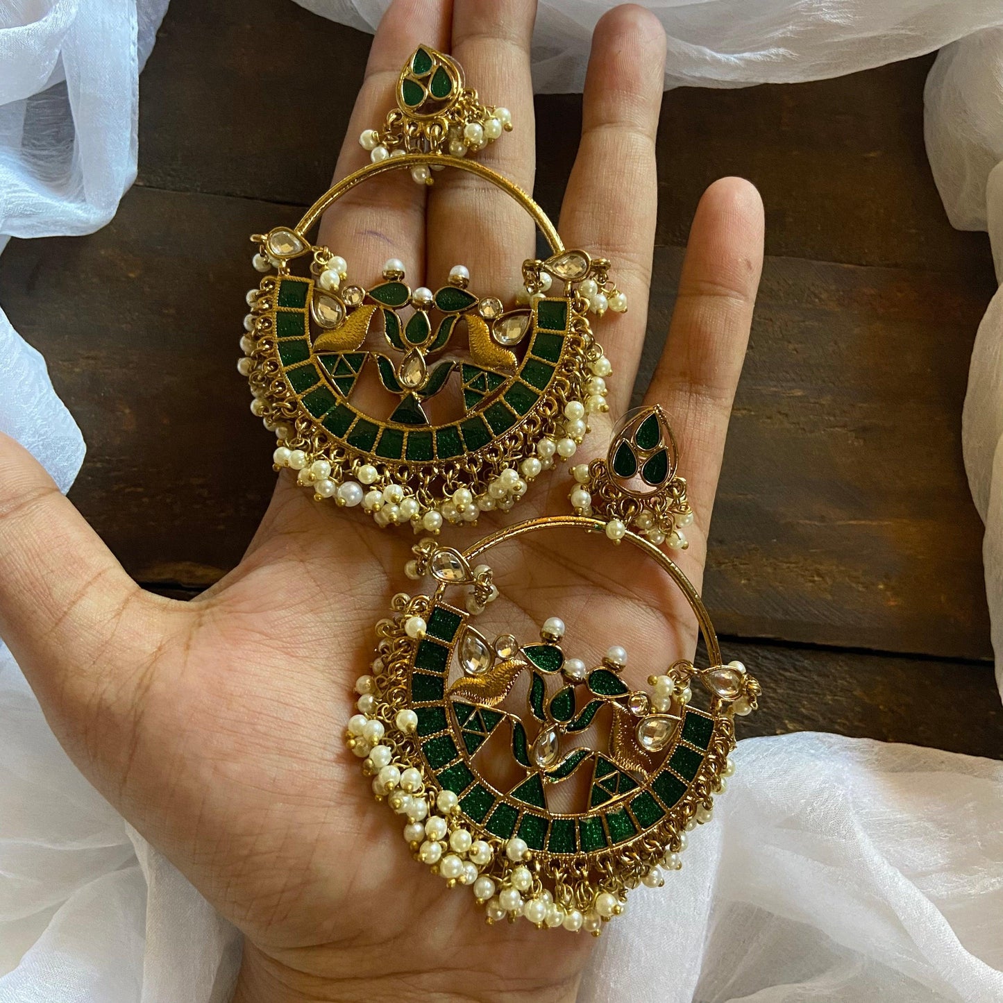 Festive Bollywood Style Chaandbali Earrings - Glossy Green - Happy Pique 