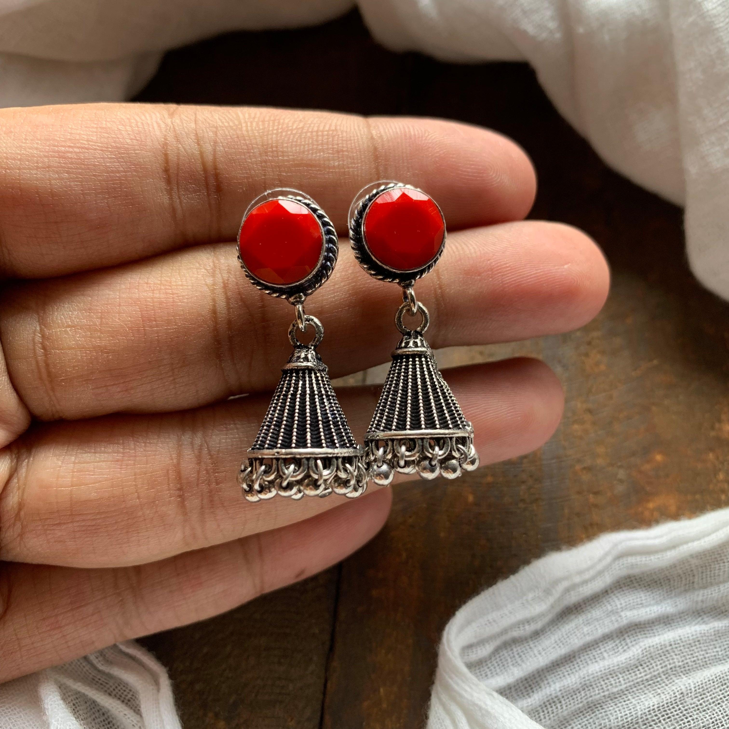 Cone Stone German Silver Jhumkas - Coral- Happy Pique 