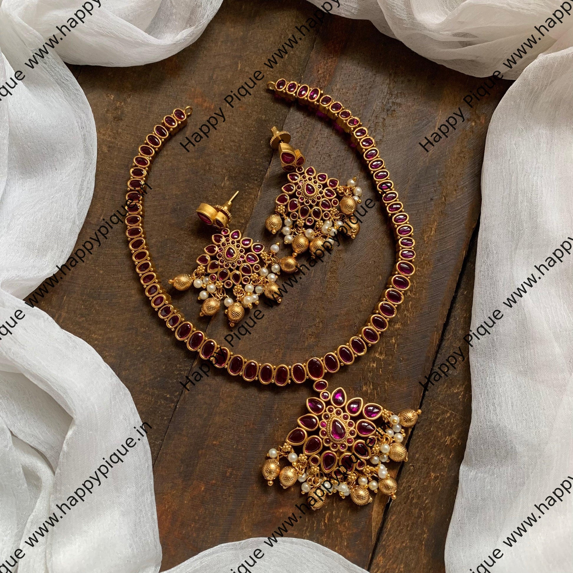 Traditional Tilak Kemp Necklace Set - Ruby