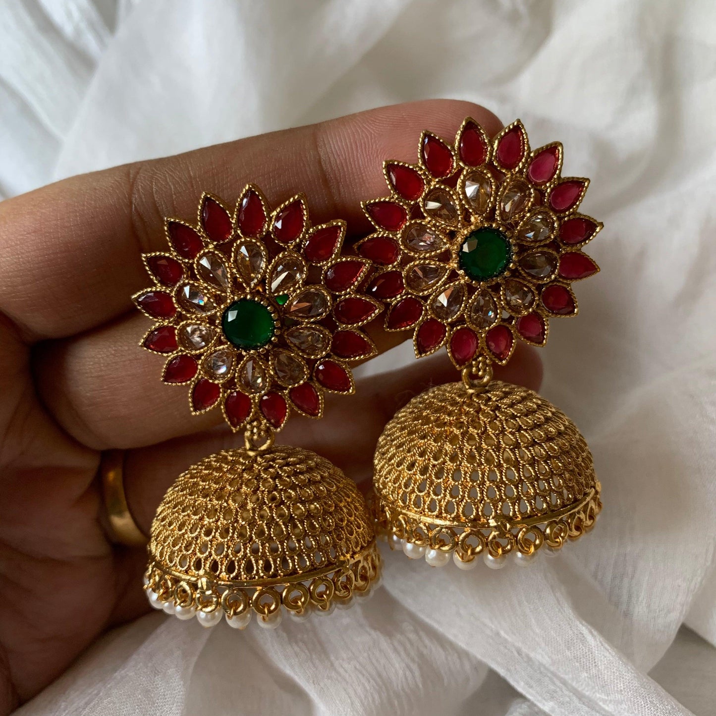 Light Weight AD Flower Stud Jhumkas - White, Red & Green - Happy Pique 