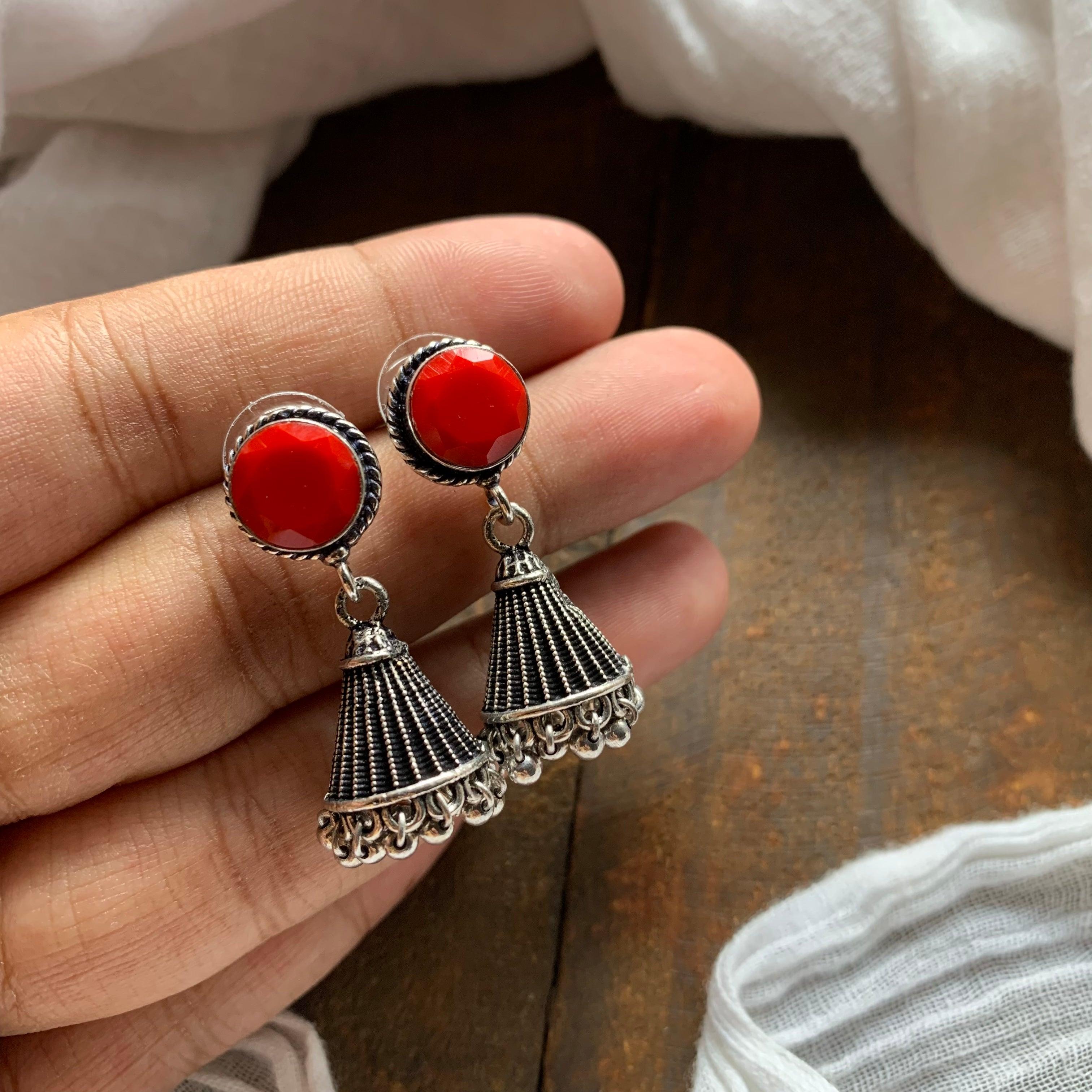 Cone Stone German Silver Jhumkas - Coral- Happy Pique 