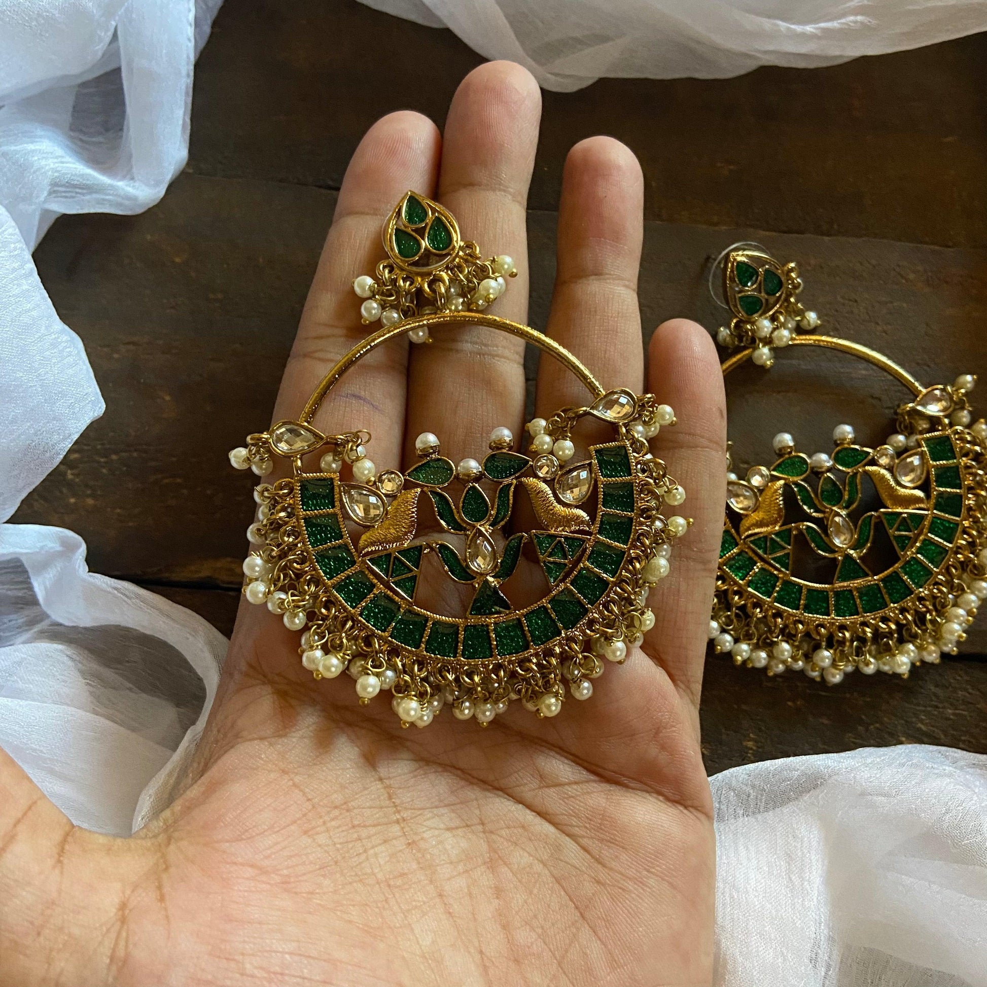 Festive Bollywood Style Chaandbali Earrings - Glossy Green - Happy Pique 