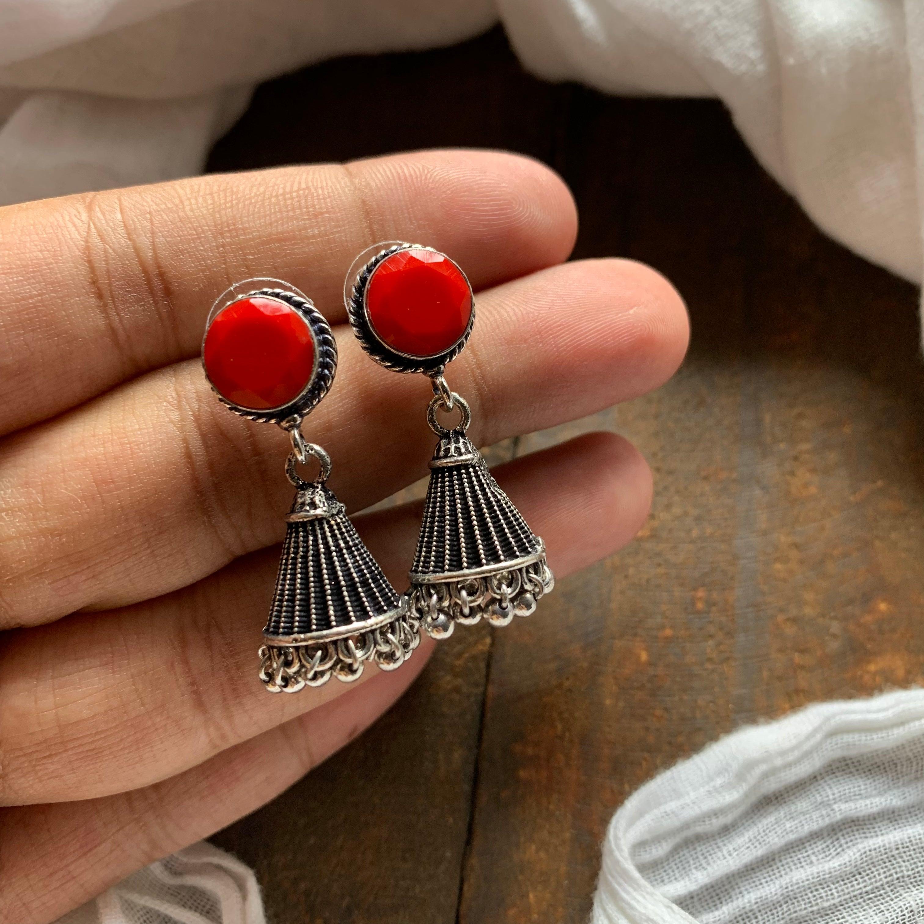 Cone Stone German Silver Jhumkas - Coral- Happy Pique 